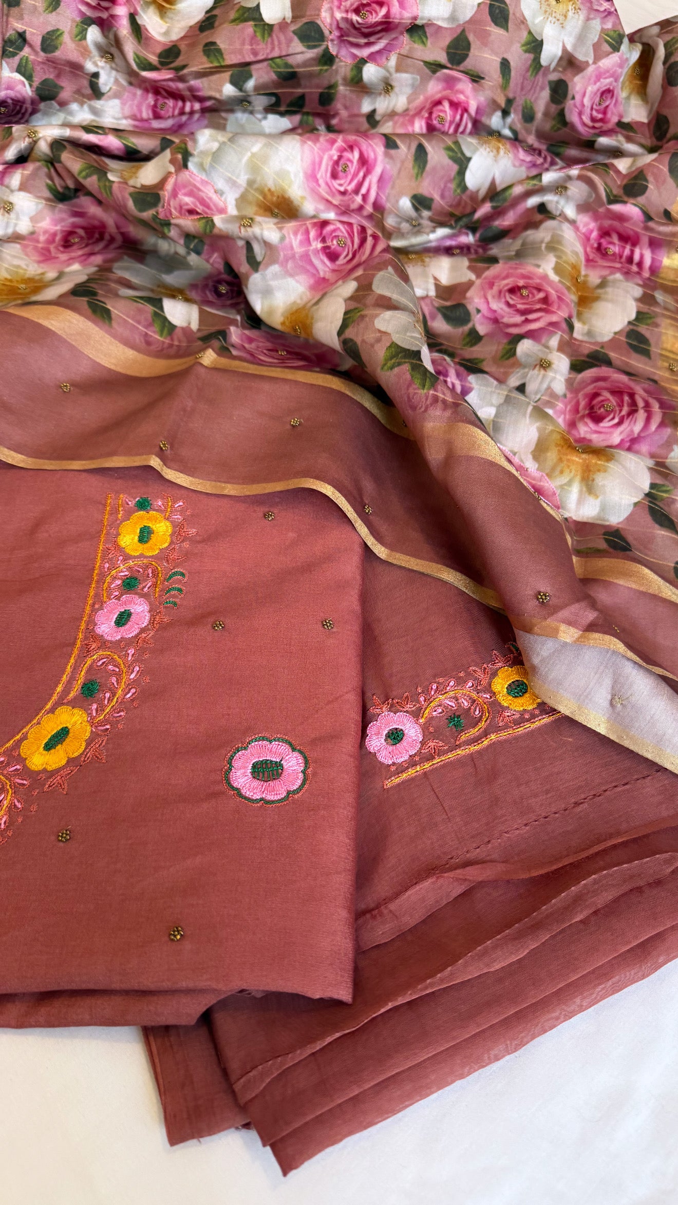 Brick peach resham hand embroidered mul cotton suit set