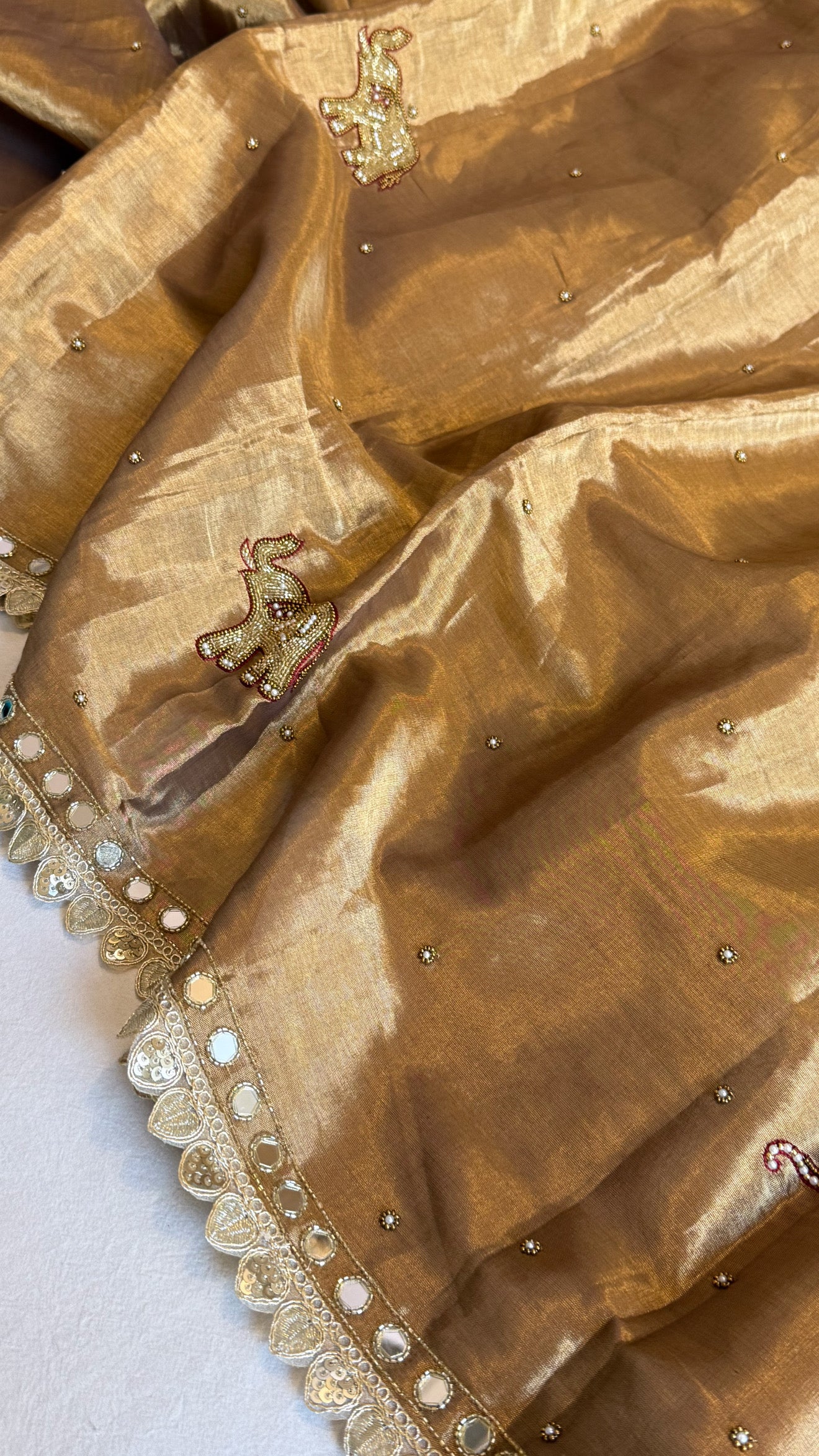 Satin tissue silk soft antique gold hand embroidered kadhwa saree