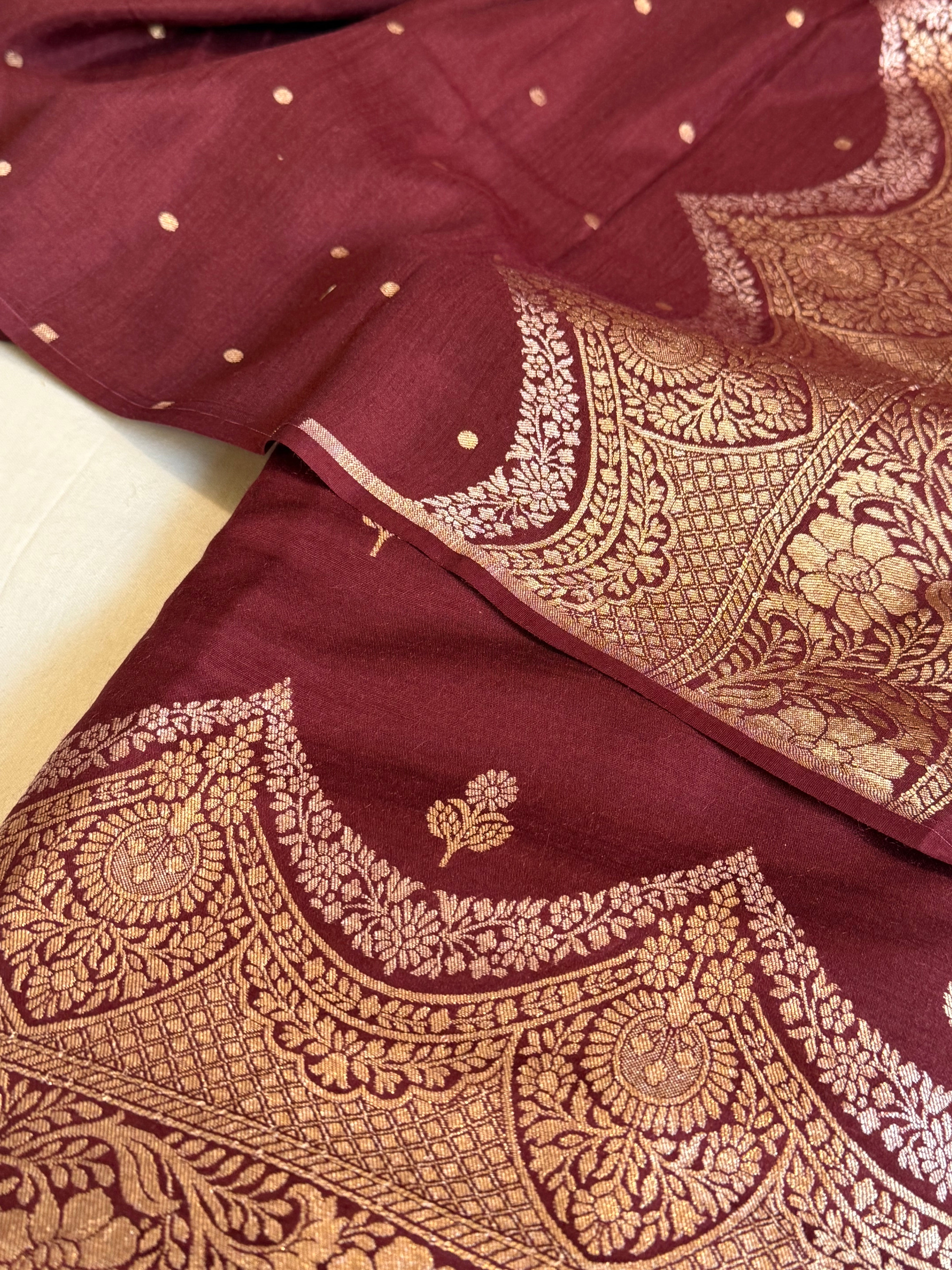 Moonga silk maroonish red scalloped border weaving kadhwa suit set