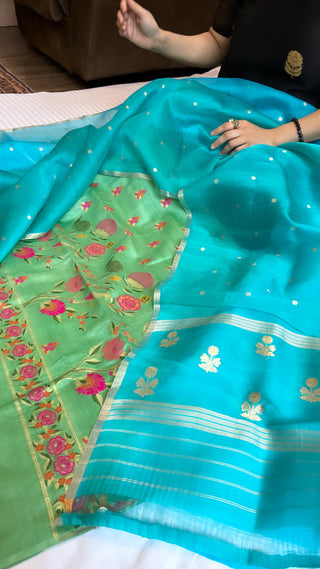 Menka (shades of green and blue) moonga silk kadhwa meenedar suit set