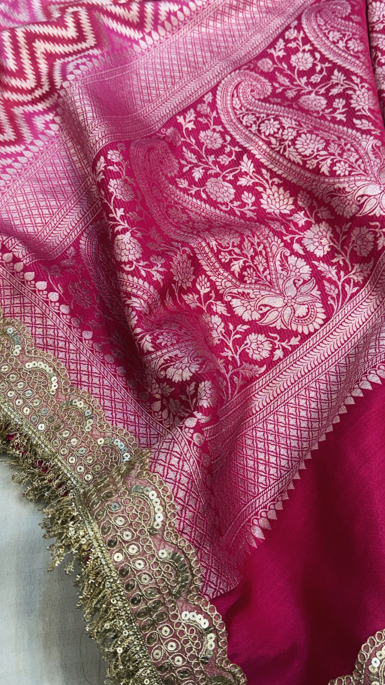Rangaat dye hot pink moonga silk silver zari chevron weaving kadhwa saree