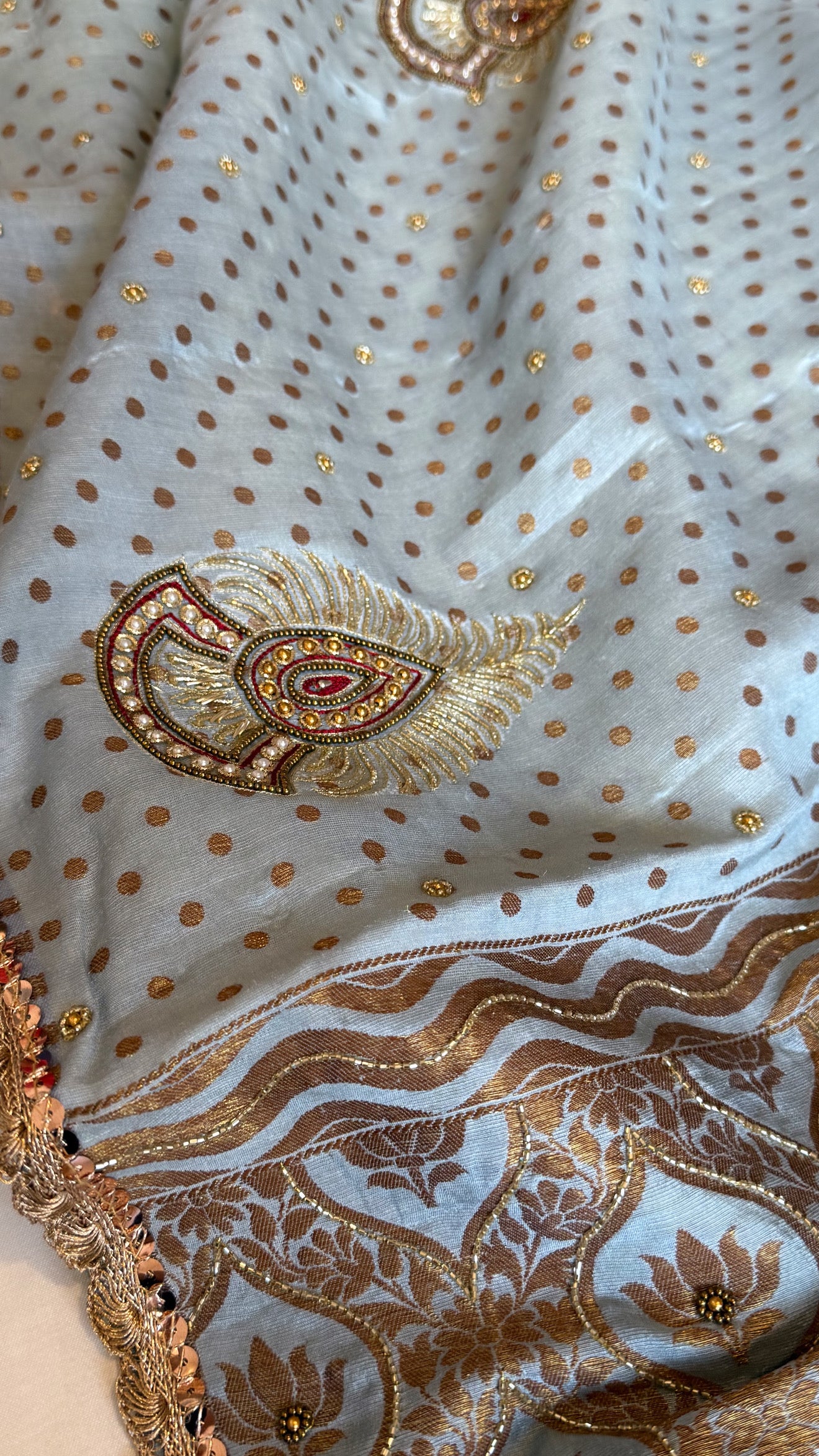 Water blue moonga silk antique zari hand embroidered kadhwa saree
