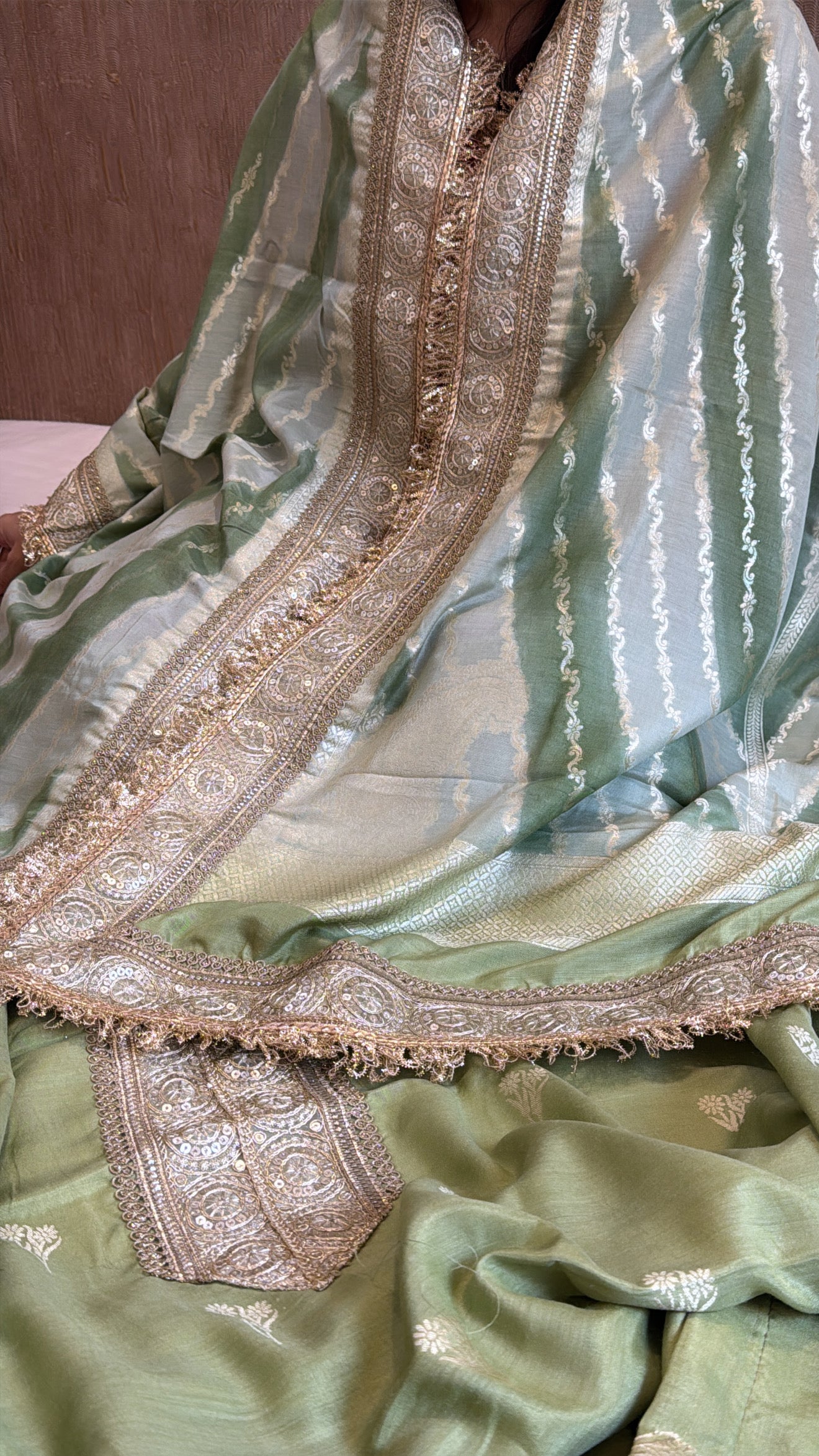 Sage green moonga silk rangkaat dye chaukadi weaving kadhwa suit set