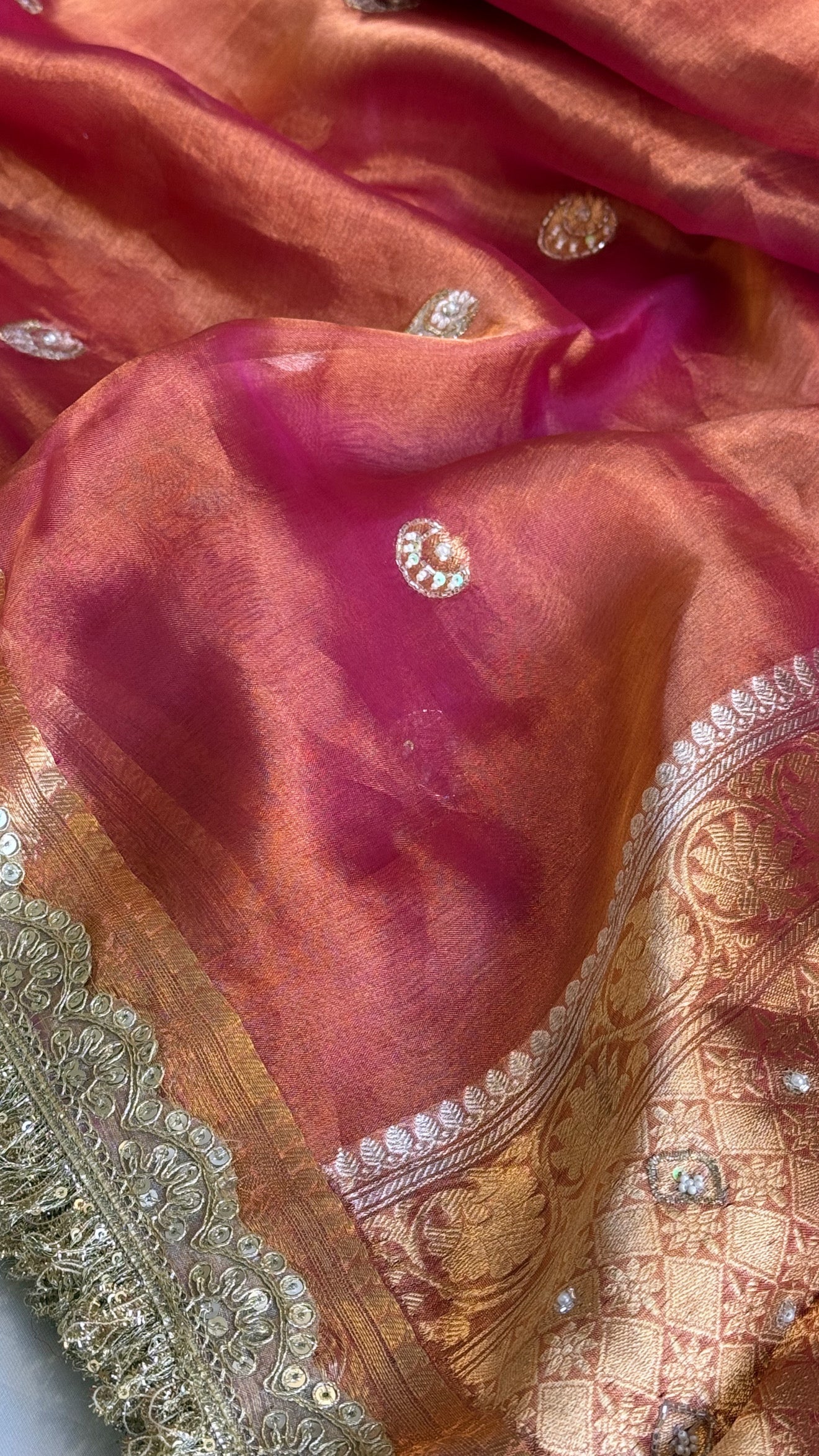 Chand tara rani pink dhup chao effect tissue silk hand embroidered saree