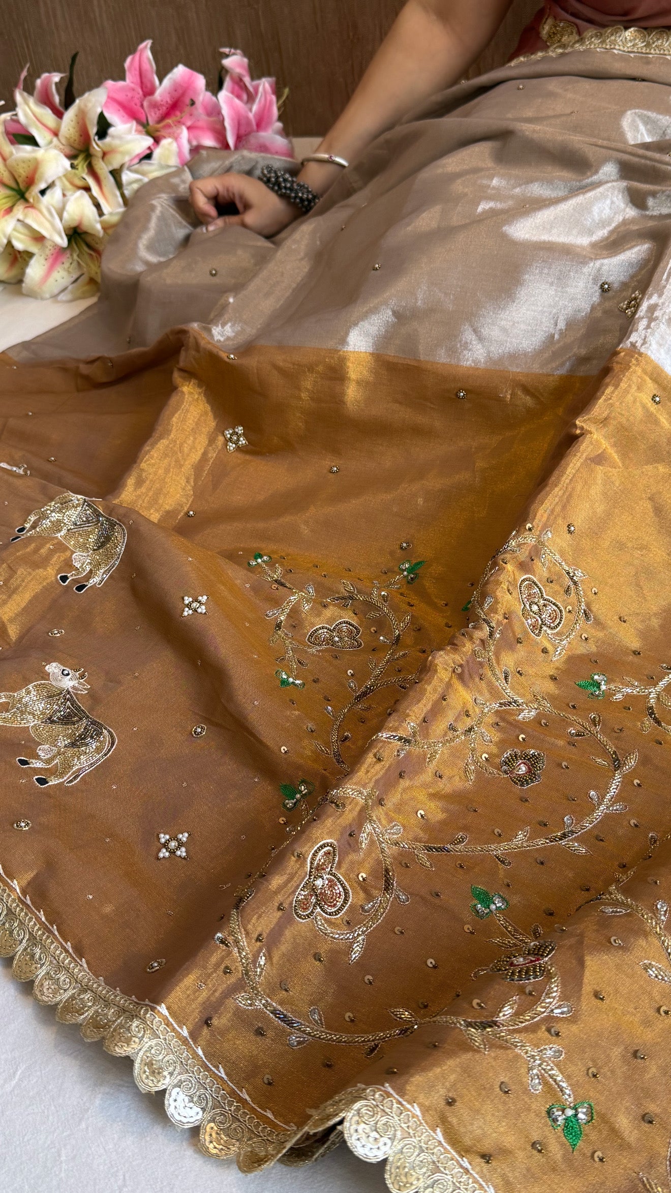 Satin tissue silk molten gold-silver hand embroidered banarasi saree