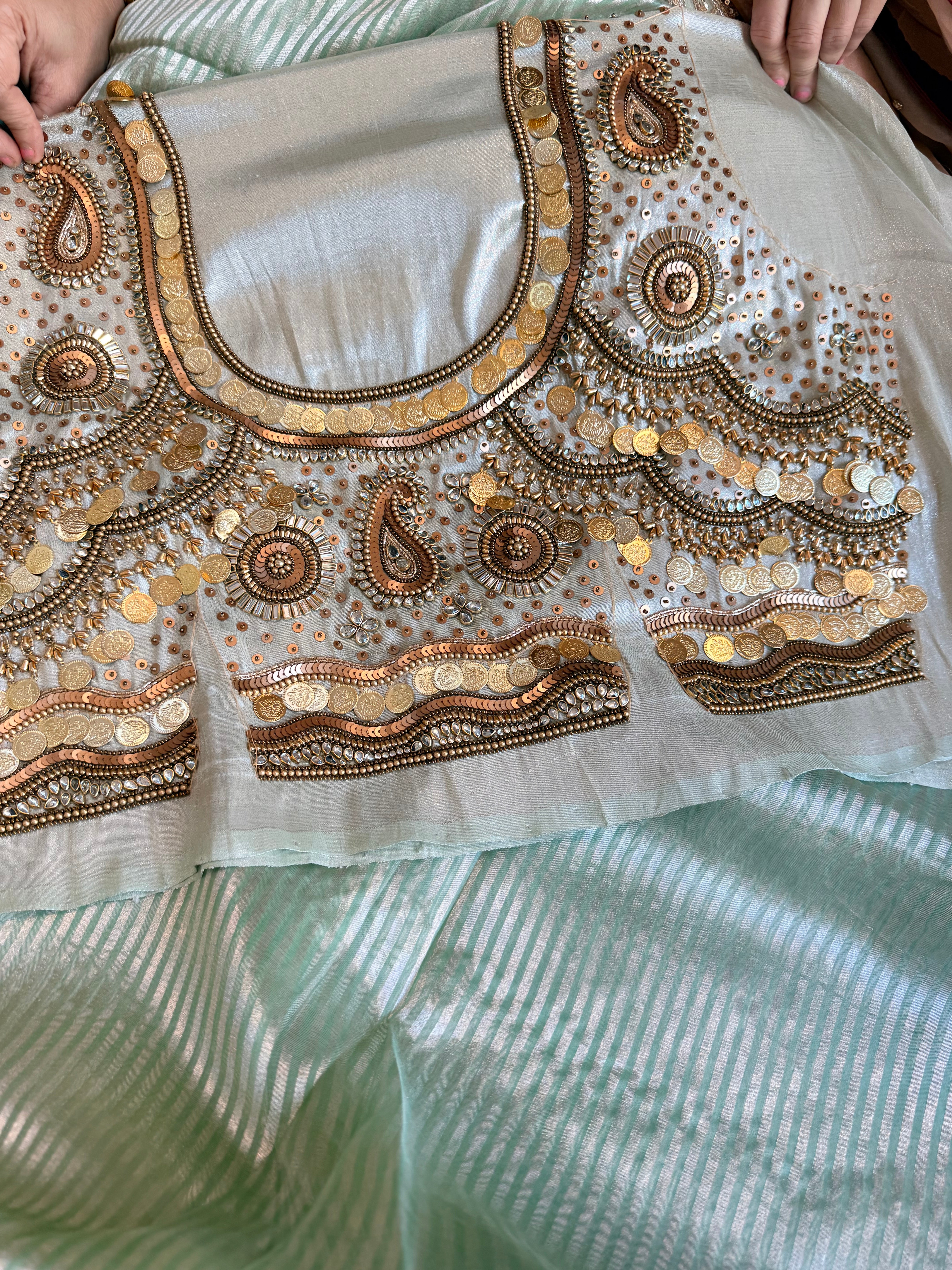 Kundan blouse edit - Sea green tissue silk hand embroidered striped saree with jewellery blouse