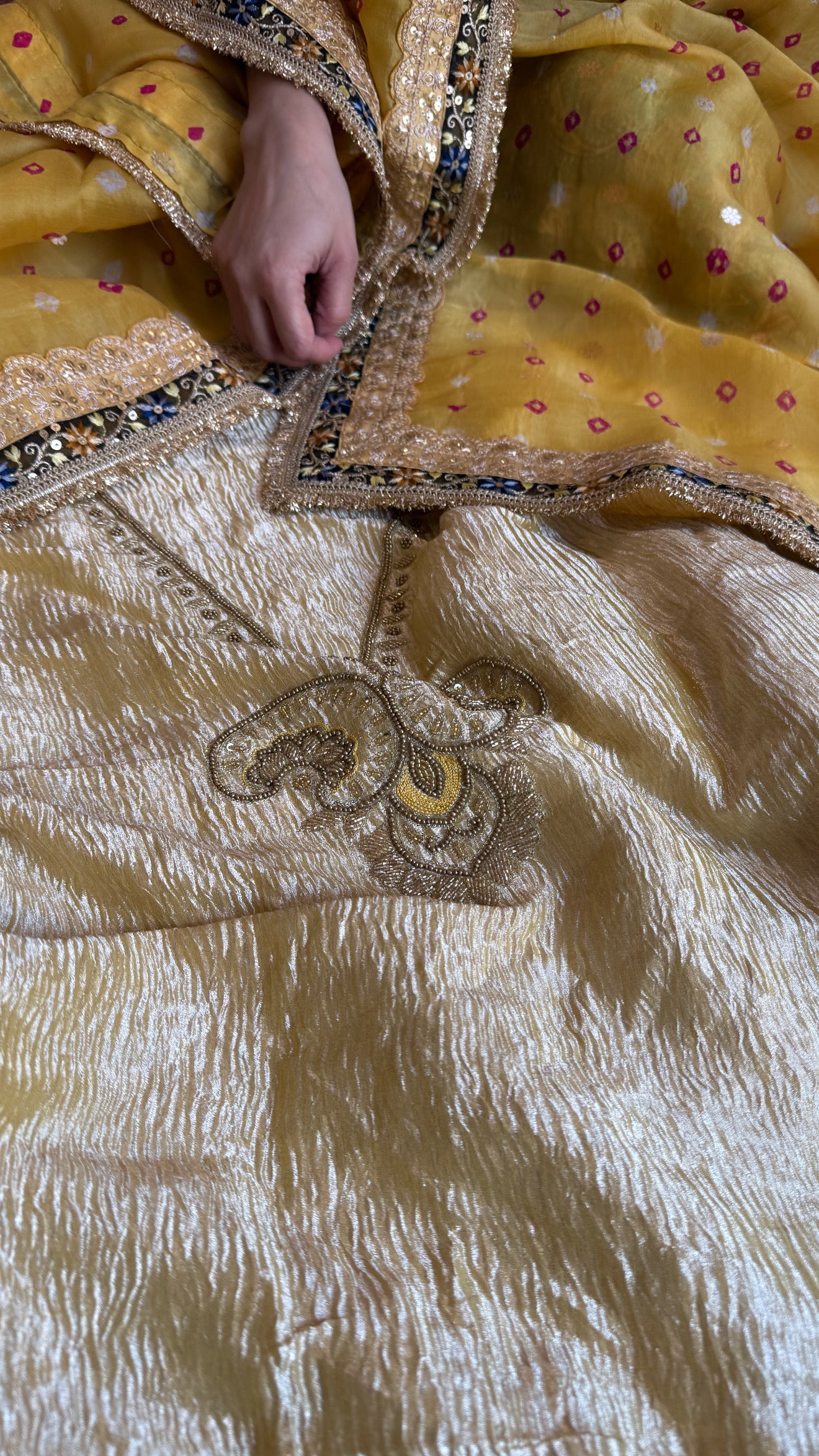 Golden diamond crushed tissue silk hand embroidered suit set