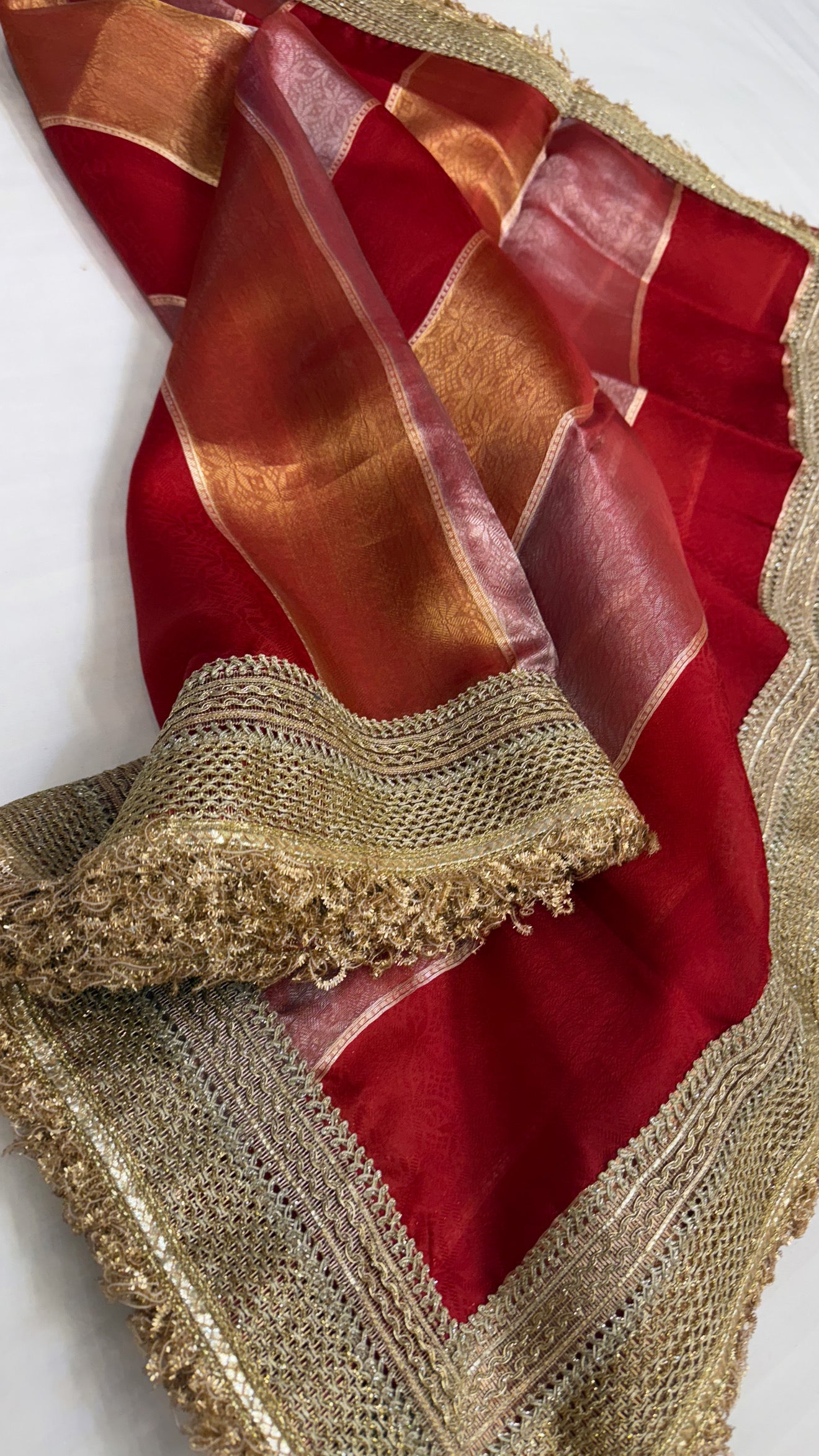 Maharani blood red tissue silk striped kadhwa saree
