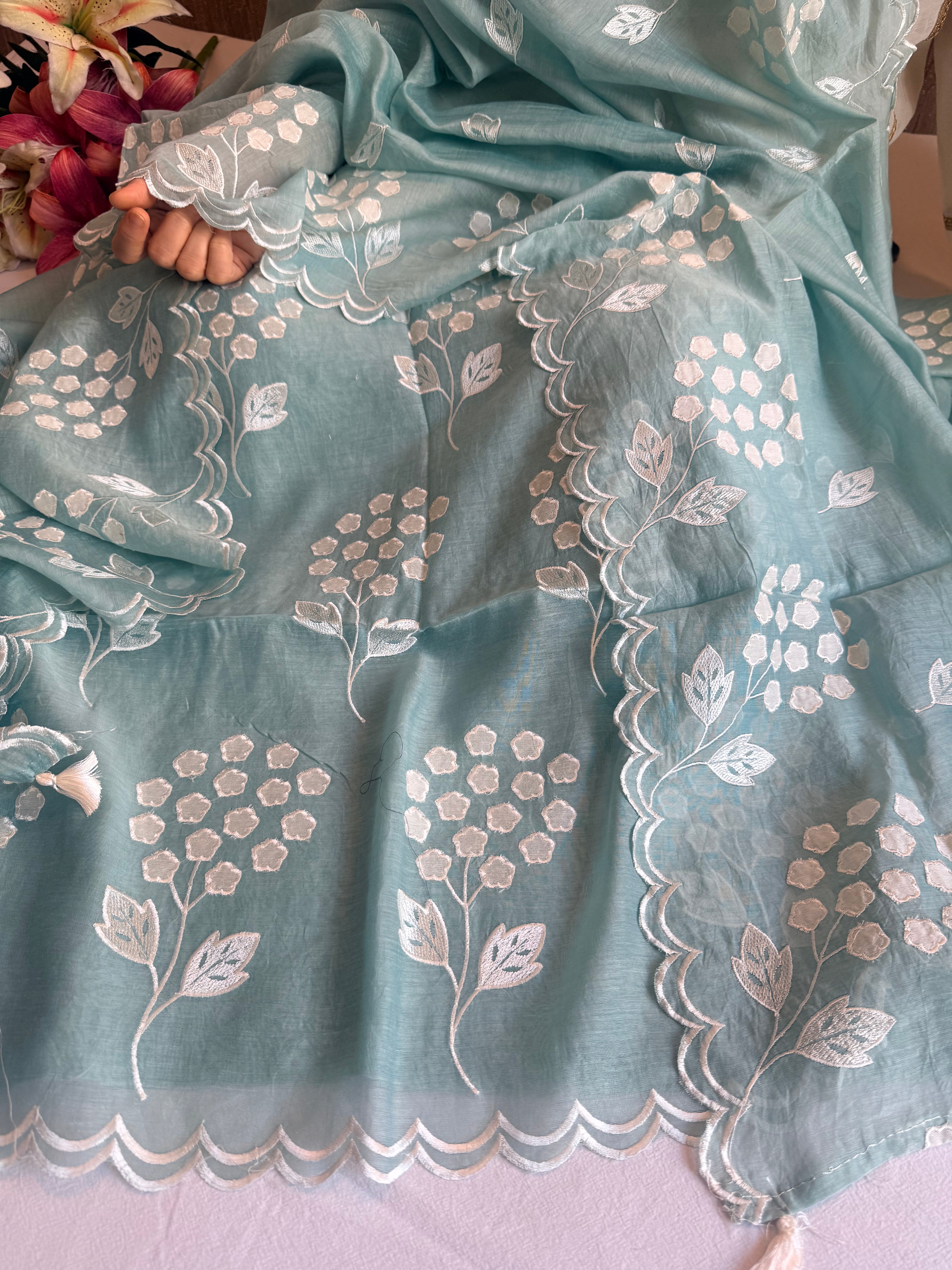 Alia bhatt inspired banarasi mulmul appliqué work suit set