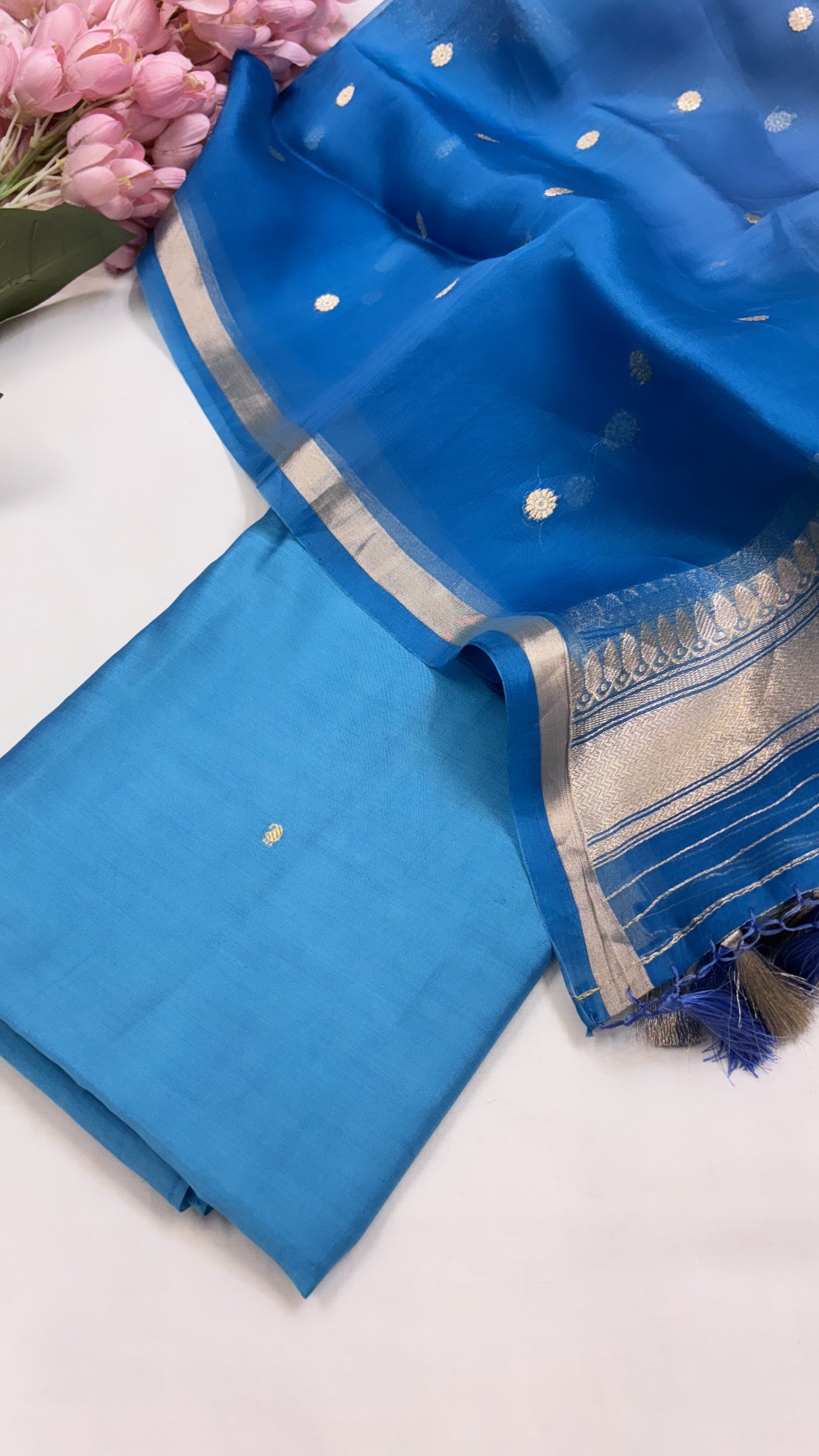 Pure Banarasi aqua blue chiniya silk kadhwa suit set paired with kora silk ombre shaded kadhwa duppata and bottom set