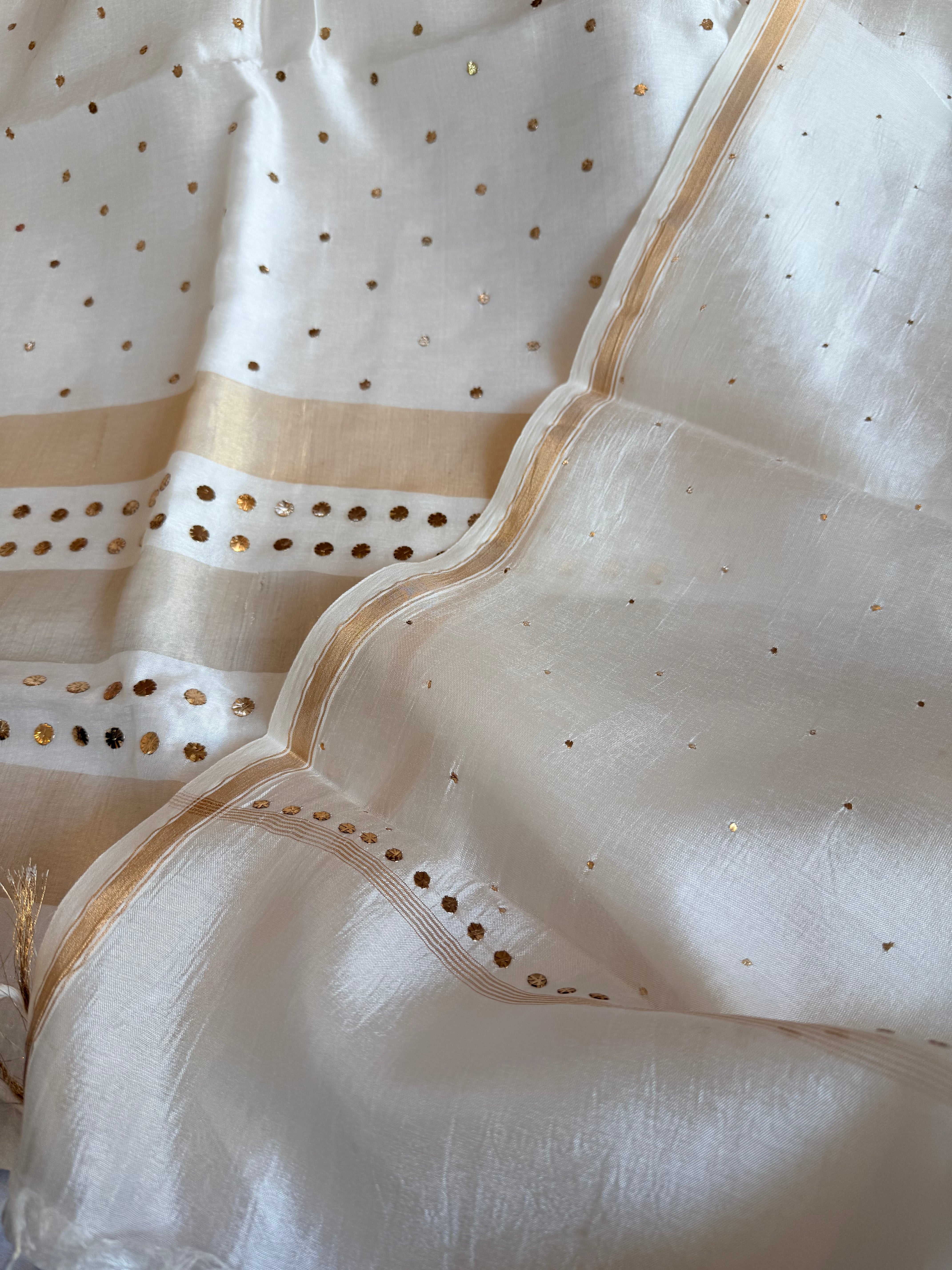 Pearl white spun chiniya silk mukaish hand embroidered suit sets
