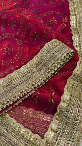 Sitara stonework cranberry red tissue silk gotapatti saree