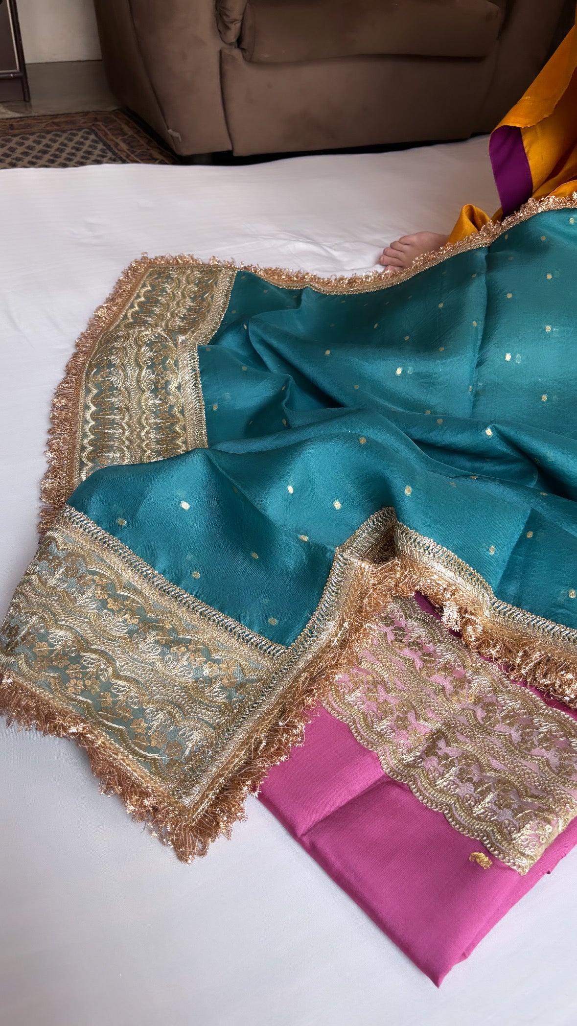 Cherry pink-peacock blue hand embroidered suit set from vyaah wala ghar edit