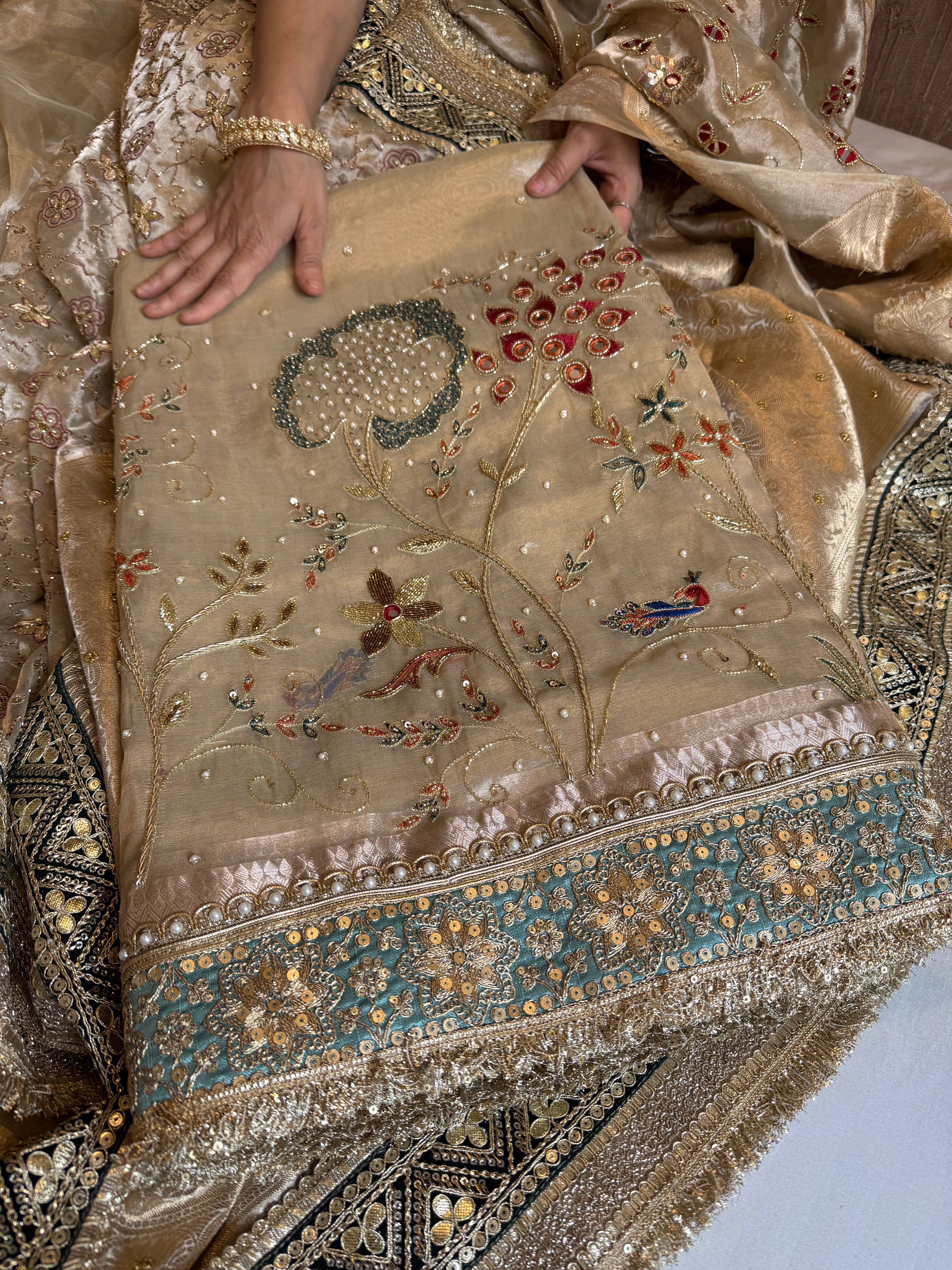 Kutchi inspired “sheesham edit” mirror work and meenakari hand embroidered saree