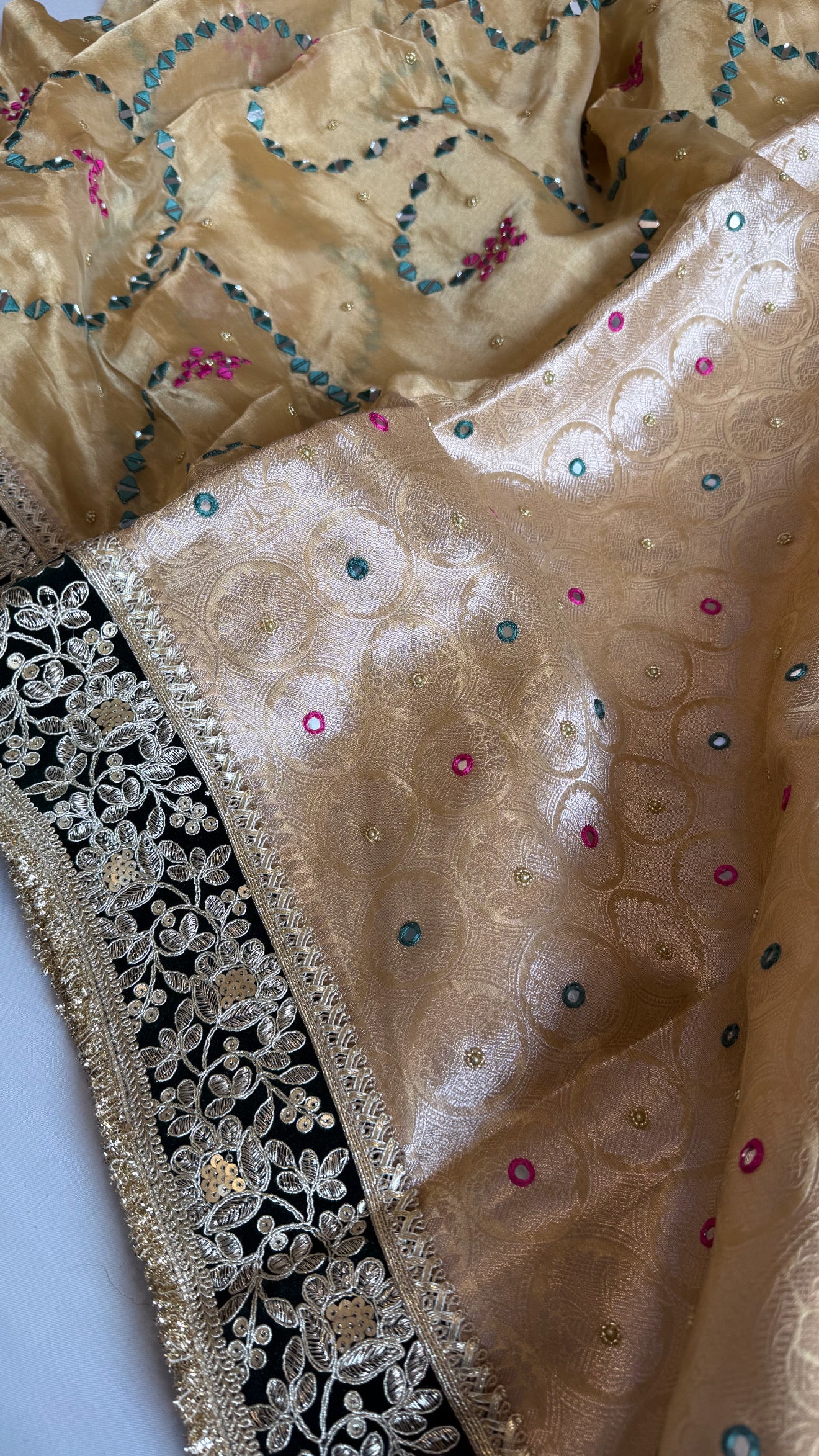 Sheesham edit - Heavy mirror work double tissue silk hand embroidered saree