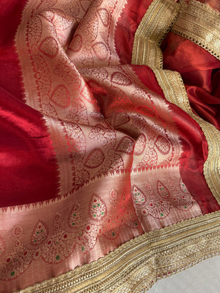 Viral maharani dhup chao red tissue silk meenakari kadhwa saree