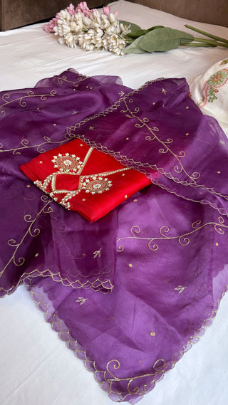 Husn red-purple shade kora silk hand embroidered suit set