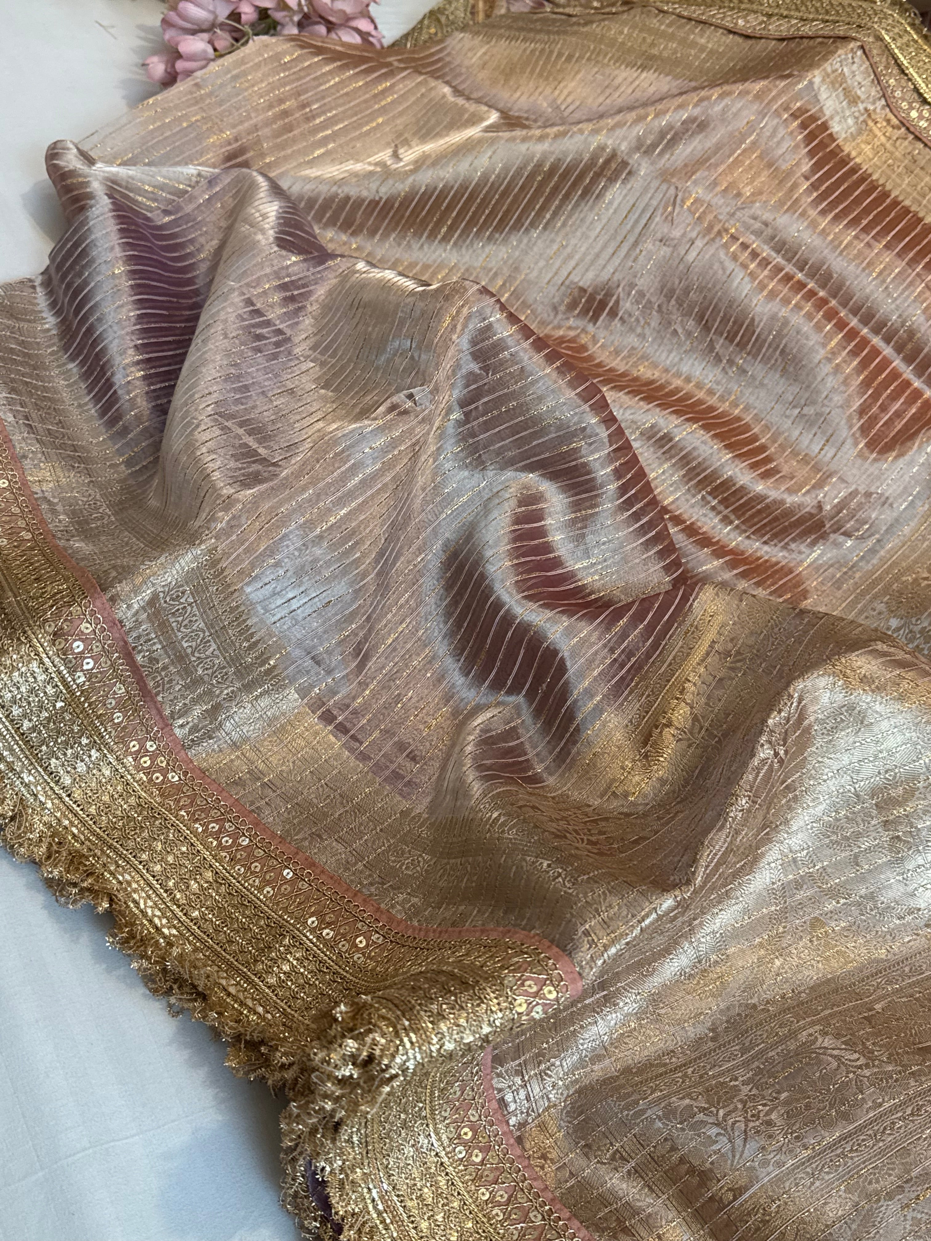 Maharani rang birangi tissue silk zari striped kadhwa saree