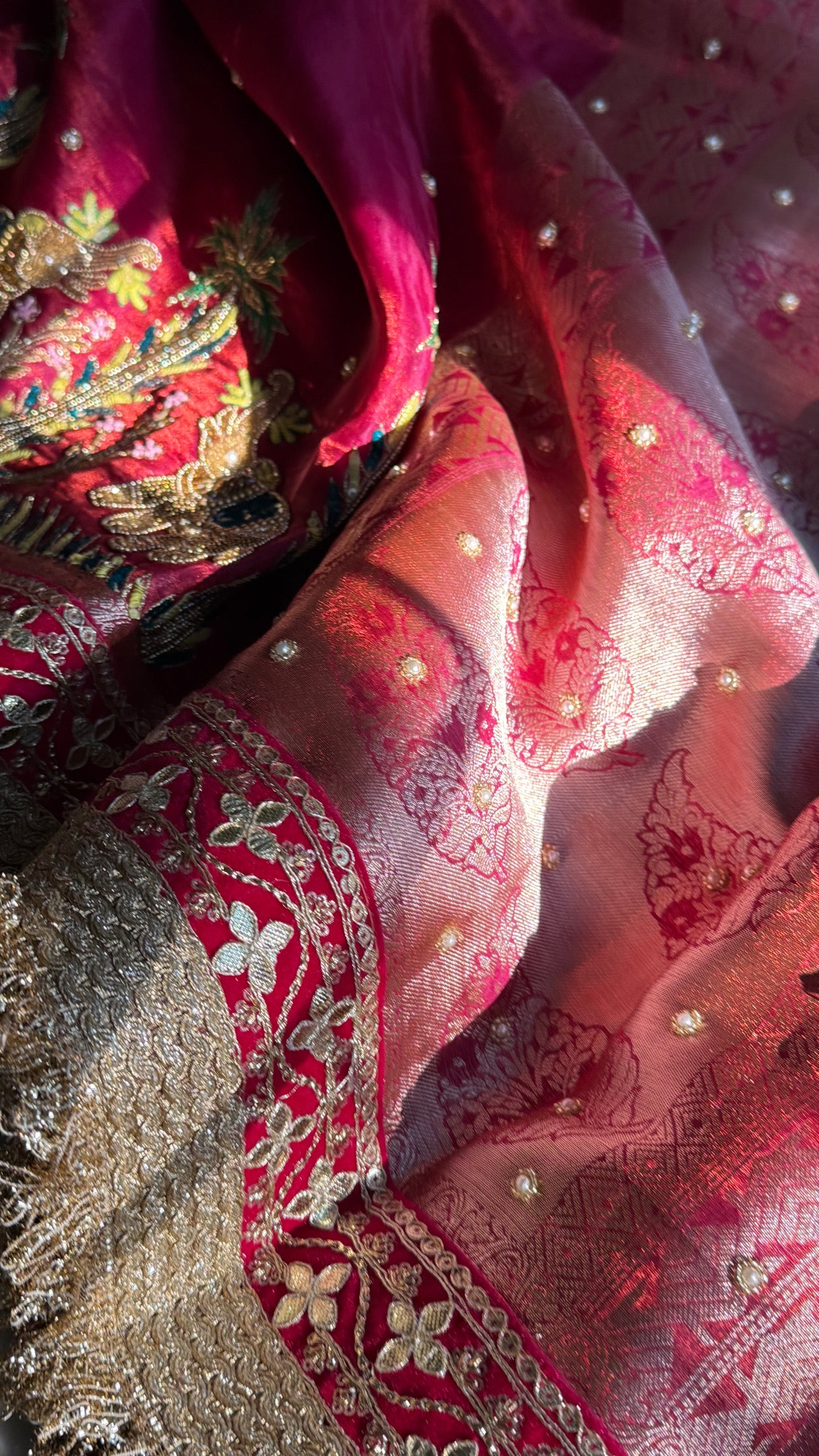 Teej special - Cranberry red tissue silk elephant motif hand embroidered kadhwa saree