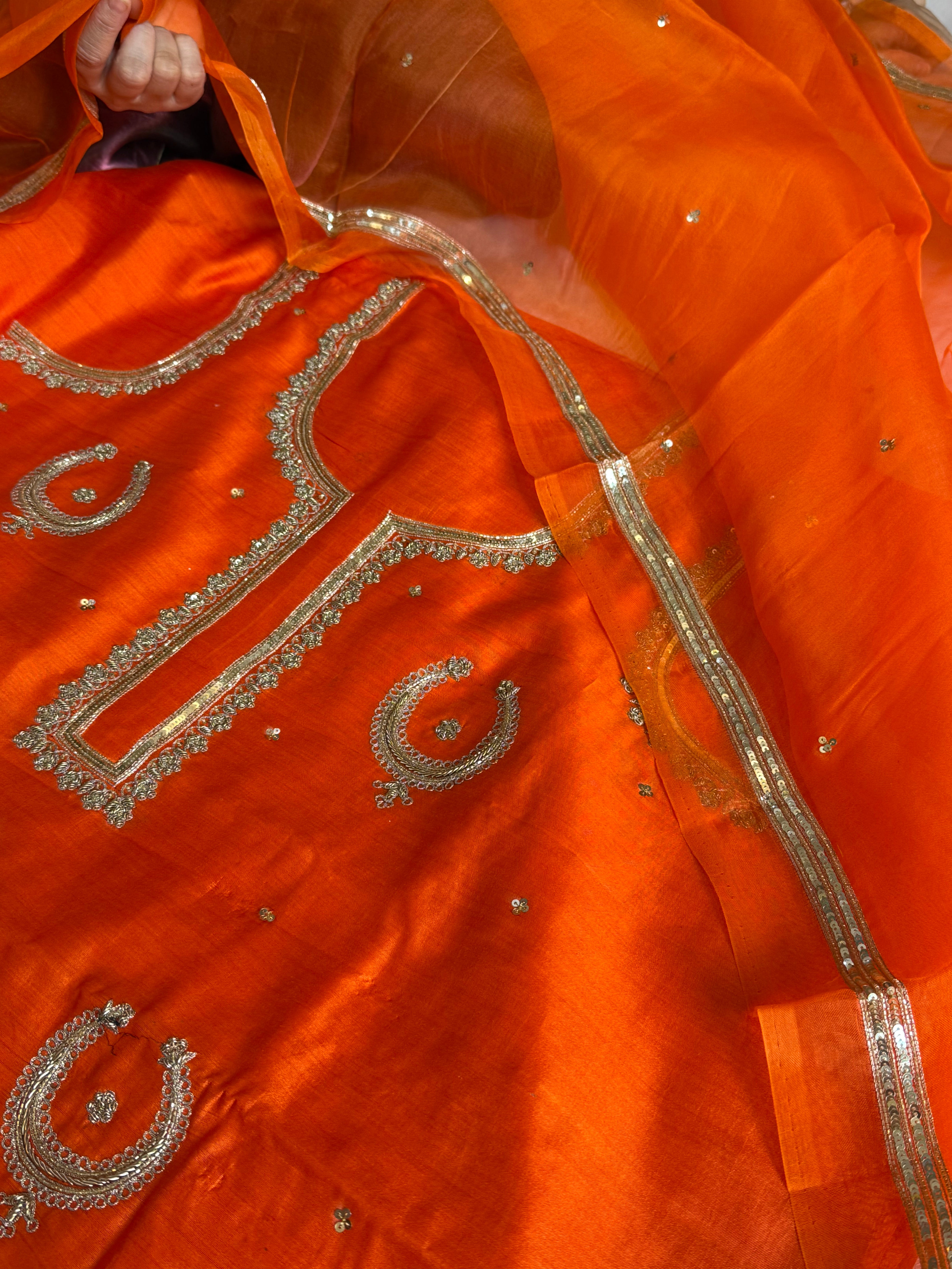 Fanta orange chand-buta chiniya silk kadhwa hand embroidered kurta paired with kora silk hand embroidered duppata set