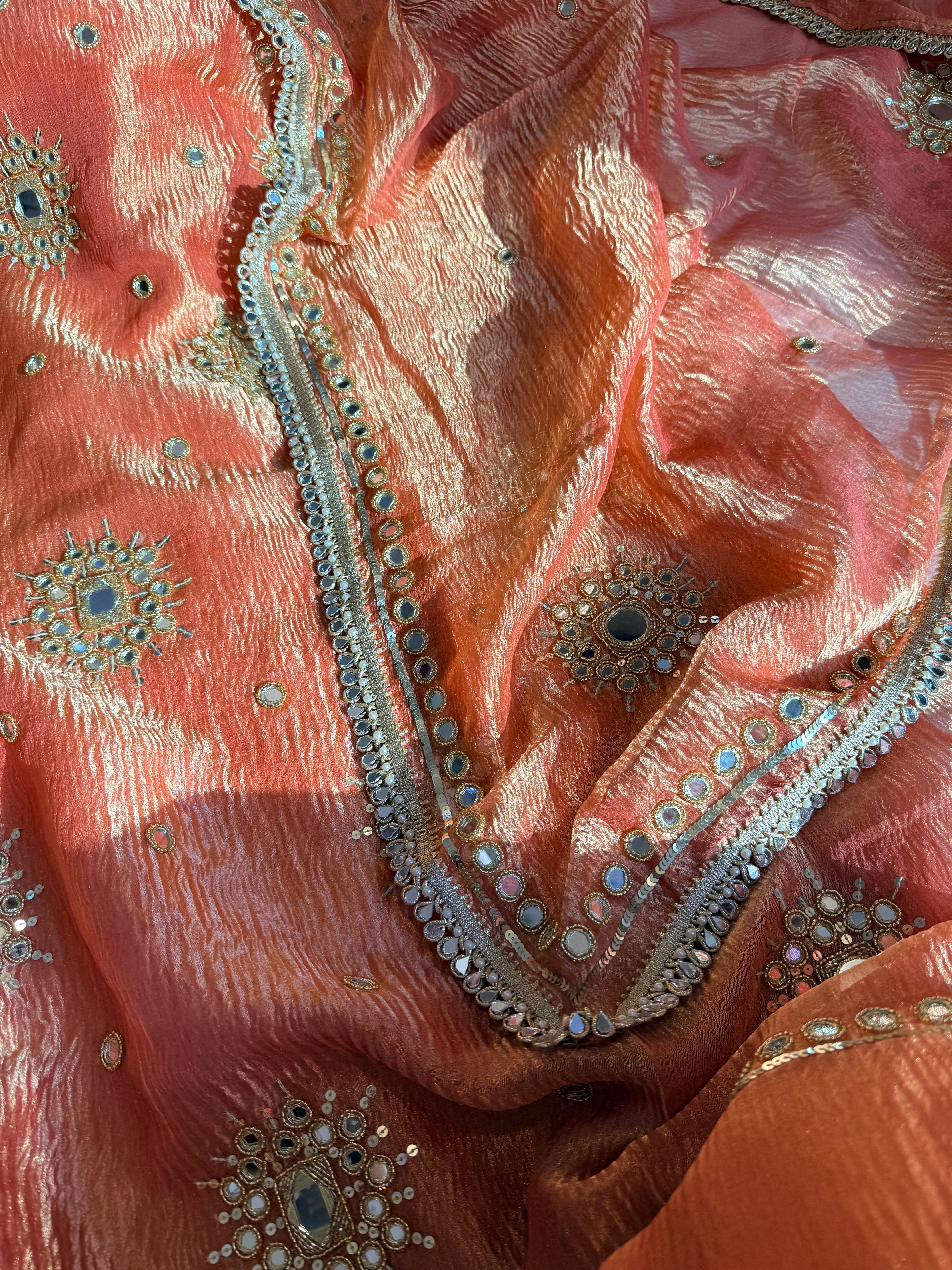 Banarasi tissue silk mirrorwork hand embroidered crushed suit sets