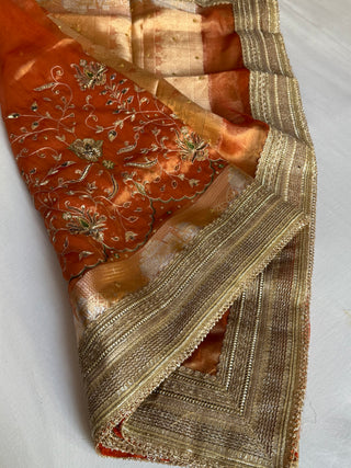 Mughal motif inspired- Fanta orange dhup chao effect husn tissue silk hand embroidered kadhwa saree