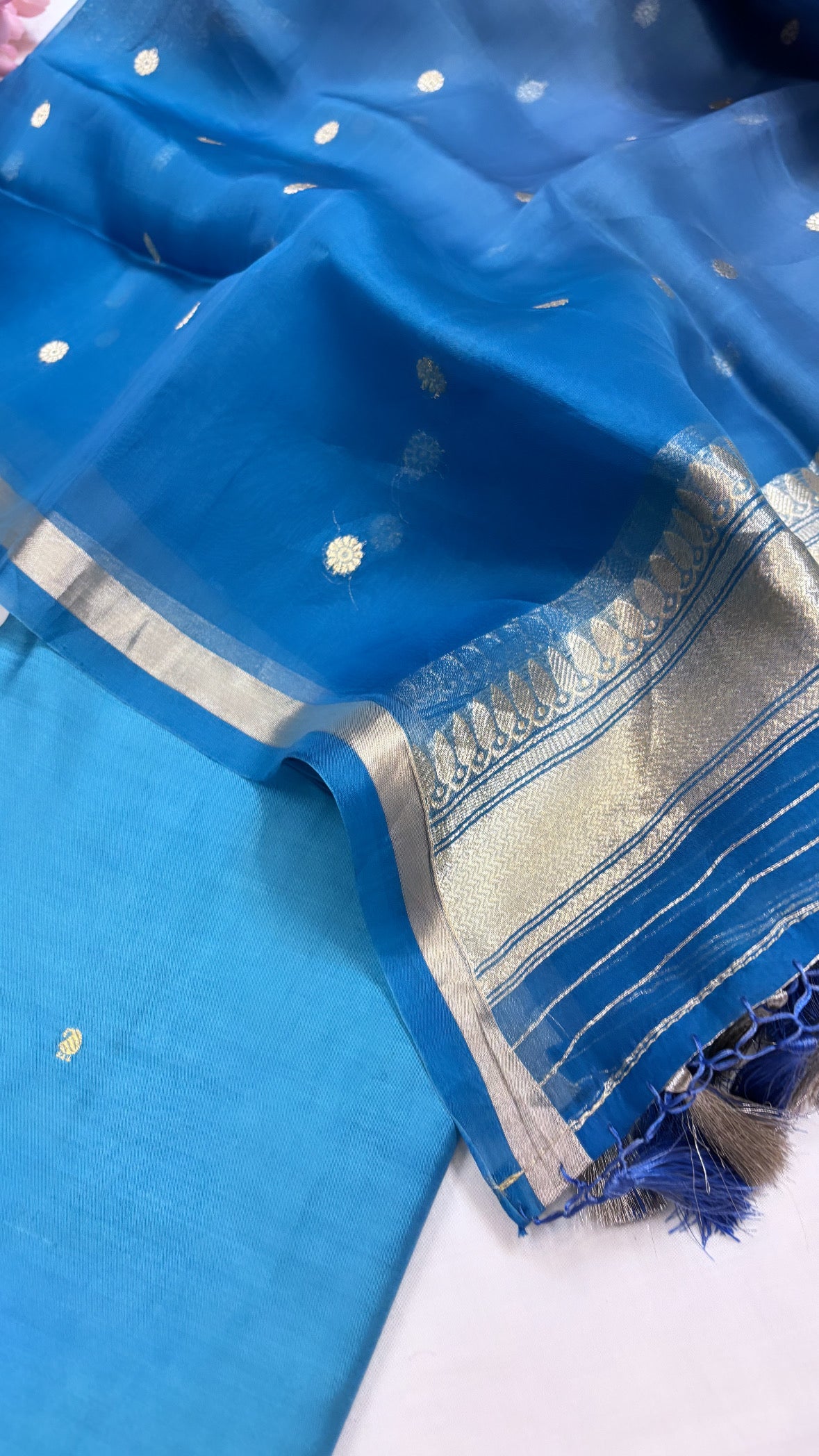Pure Banarasi aqua blue chiniya silk kadhwa suit set paired with kora silk ombre shaded kadhwa duppata and bottom set