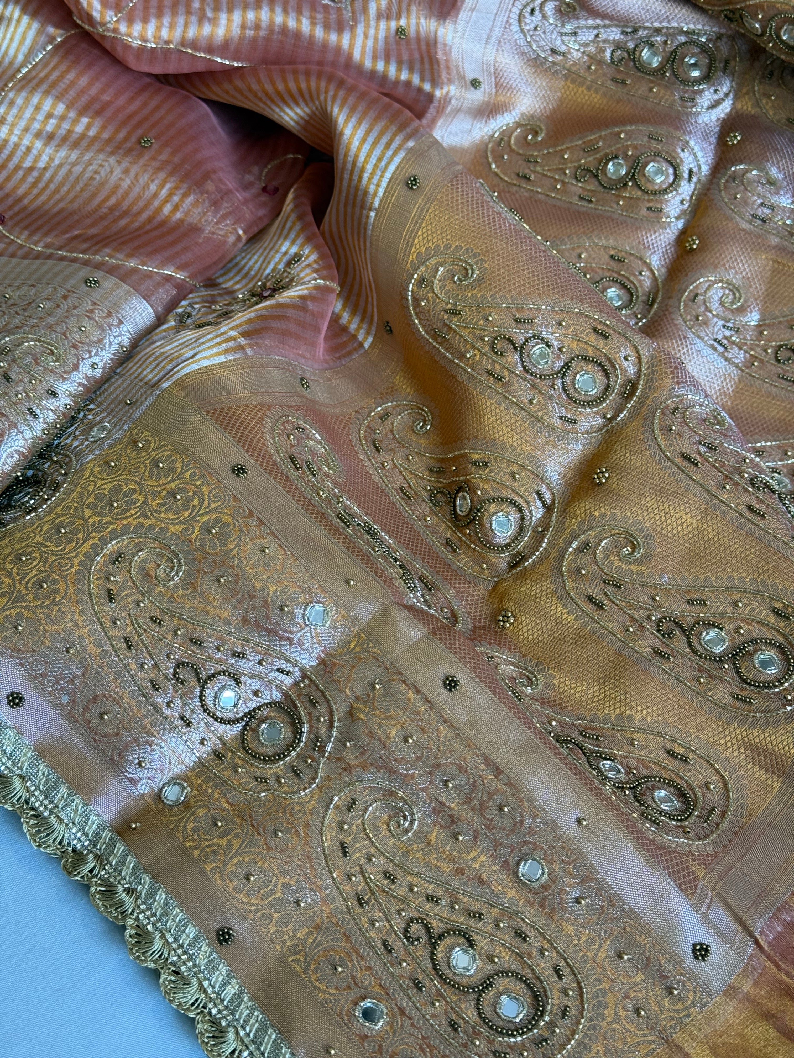 Begum bano Mirror work ambi motif peach striped tissue silk hand embroidered saree