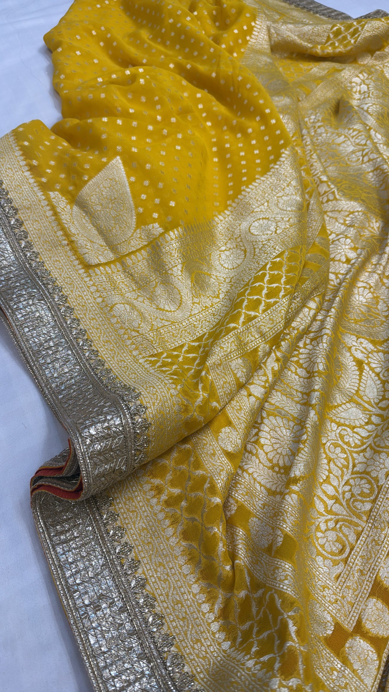 Mango yellow khaddi gorgette kohniya buti pure Banarasi gotapatti saree