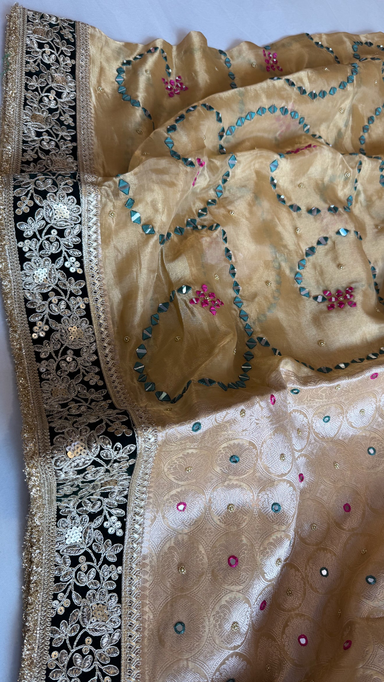Sheesham edit - Heavy mirror work double tissue silk hand embroidered saree
