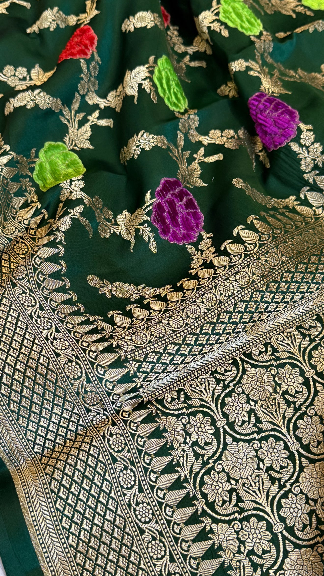 Forest green banarasi mashru silk velvet buti kadhwa weaving saree