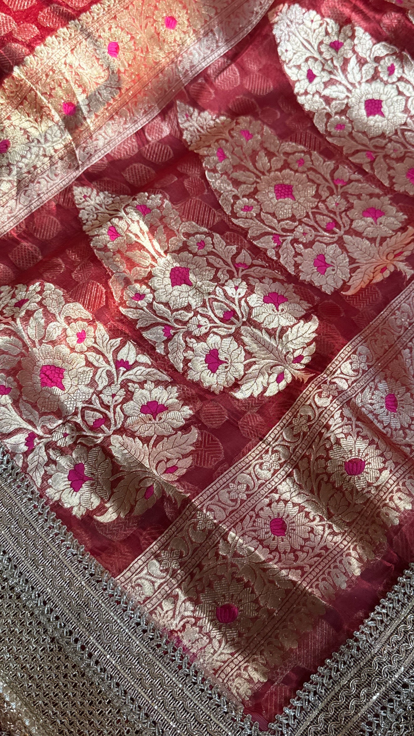 Teej special - Blood red tissue silk heavy meenakari pallu kadhwa saree