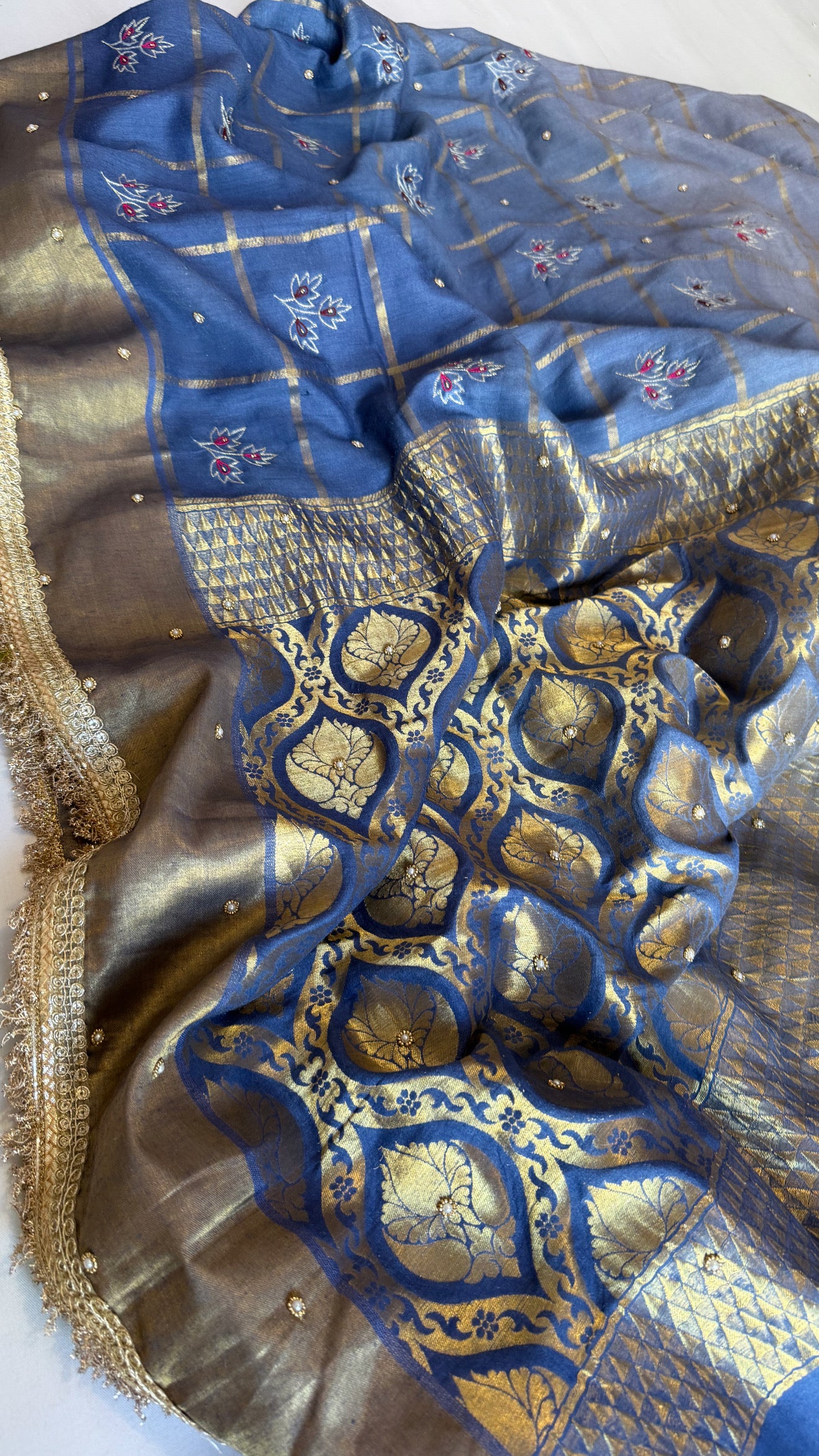 Mastani edit - Aqua blue ombre shaded moonga silk kadhwa hand embroidered saree