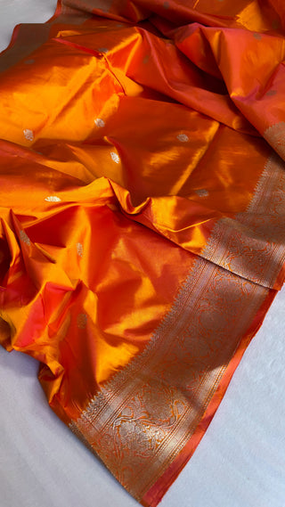 Banarasi deep fanta orange katan kadhwa silk suit set