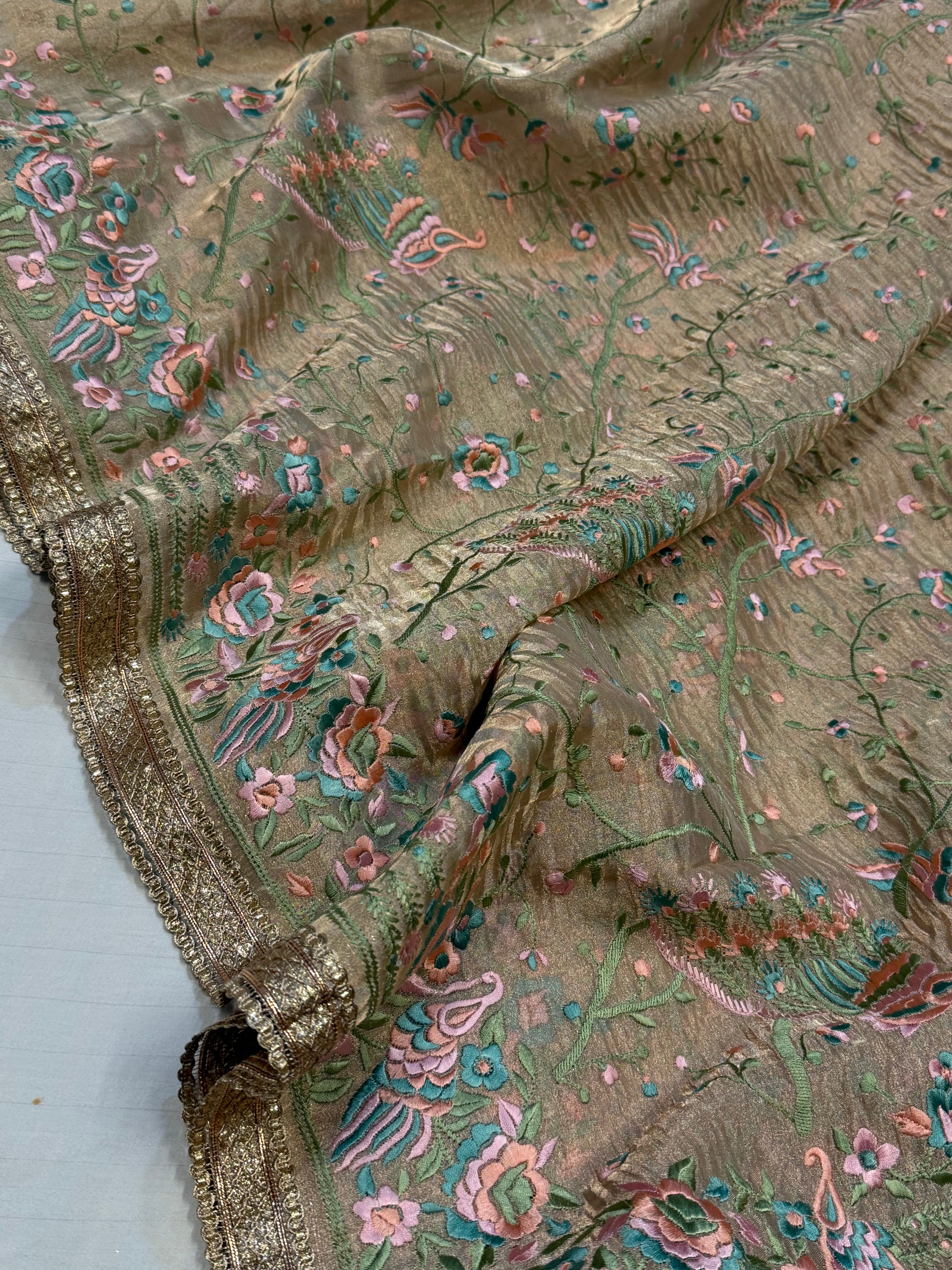 “Parsi gara” inspired tissue silk Resham work heavy hand embroidered saree