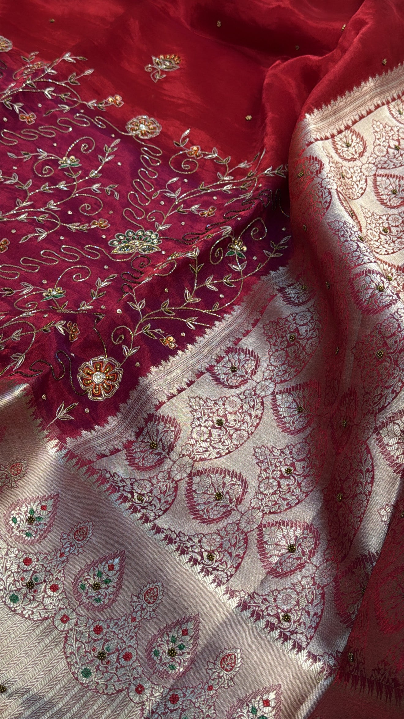 Metallic blood red tissue silk hand embroidered kadhwa weaving saree