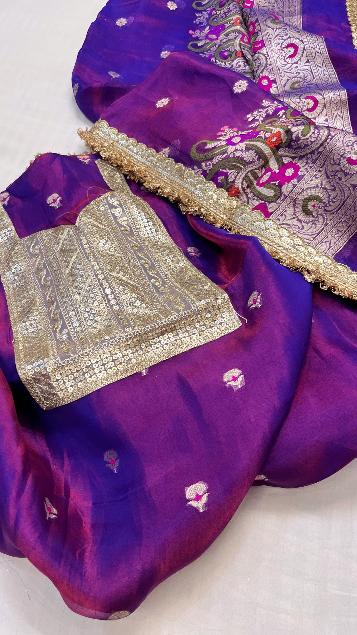 Heeramandi deep purplish-blue dhup chao effect tissue silk meenakari suit set