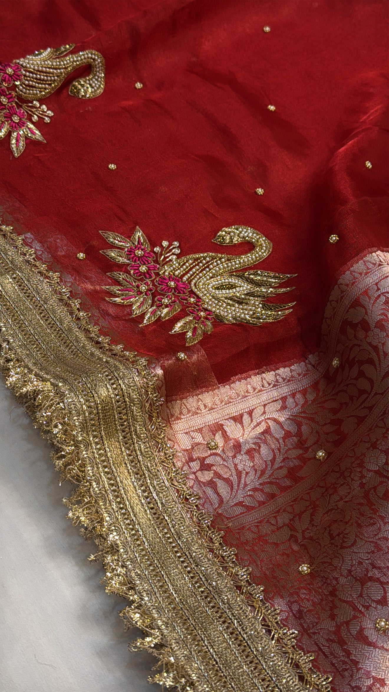 Dulhan ka joda husn red tissue silk hand embroidered saree