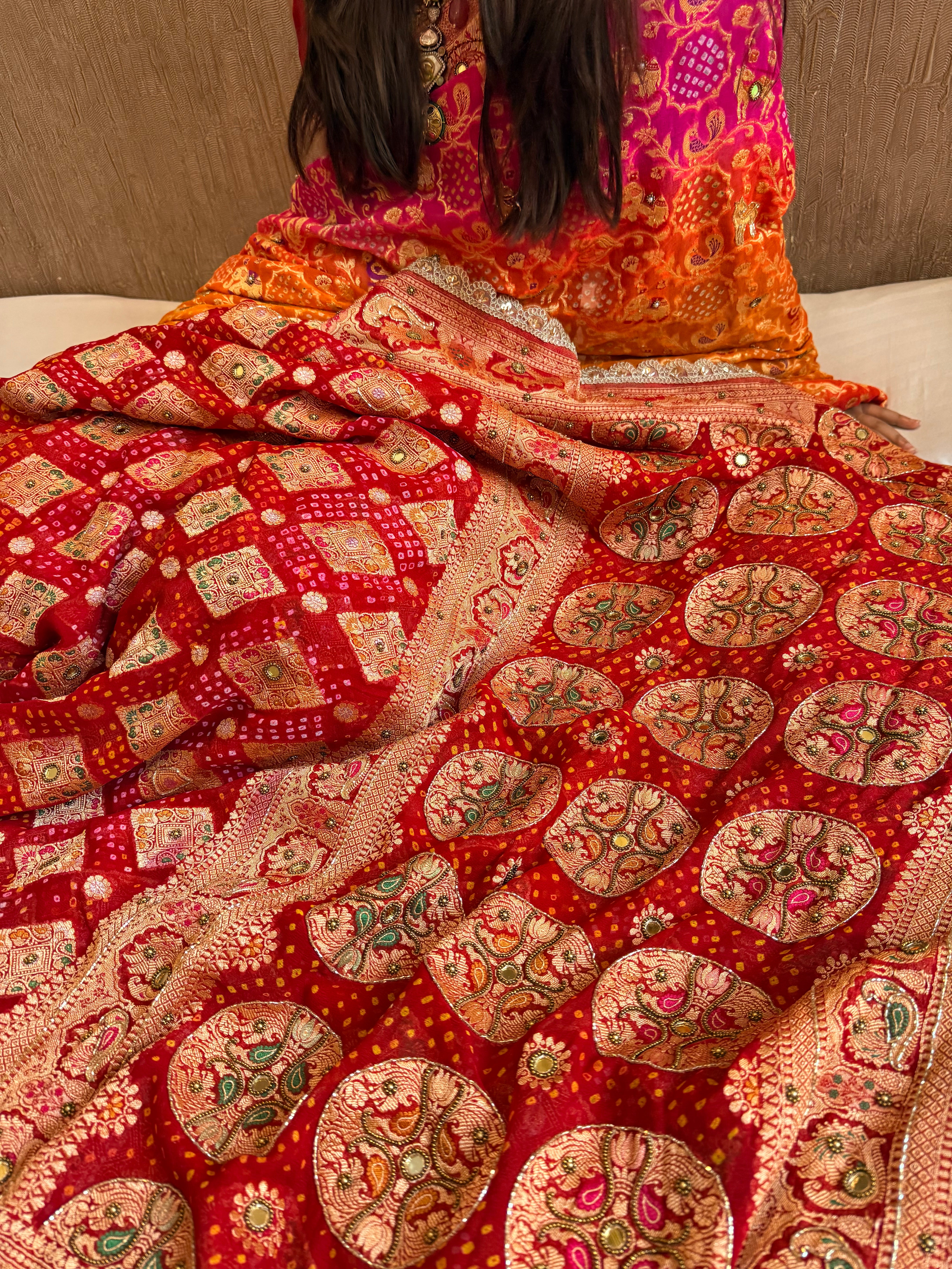 Bandhej saree ka sandook - Deep red shaded chiffon gorgette banarasi bandhej saree