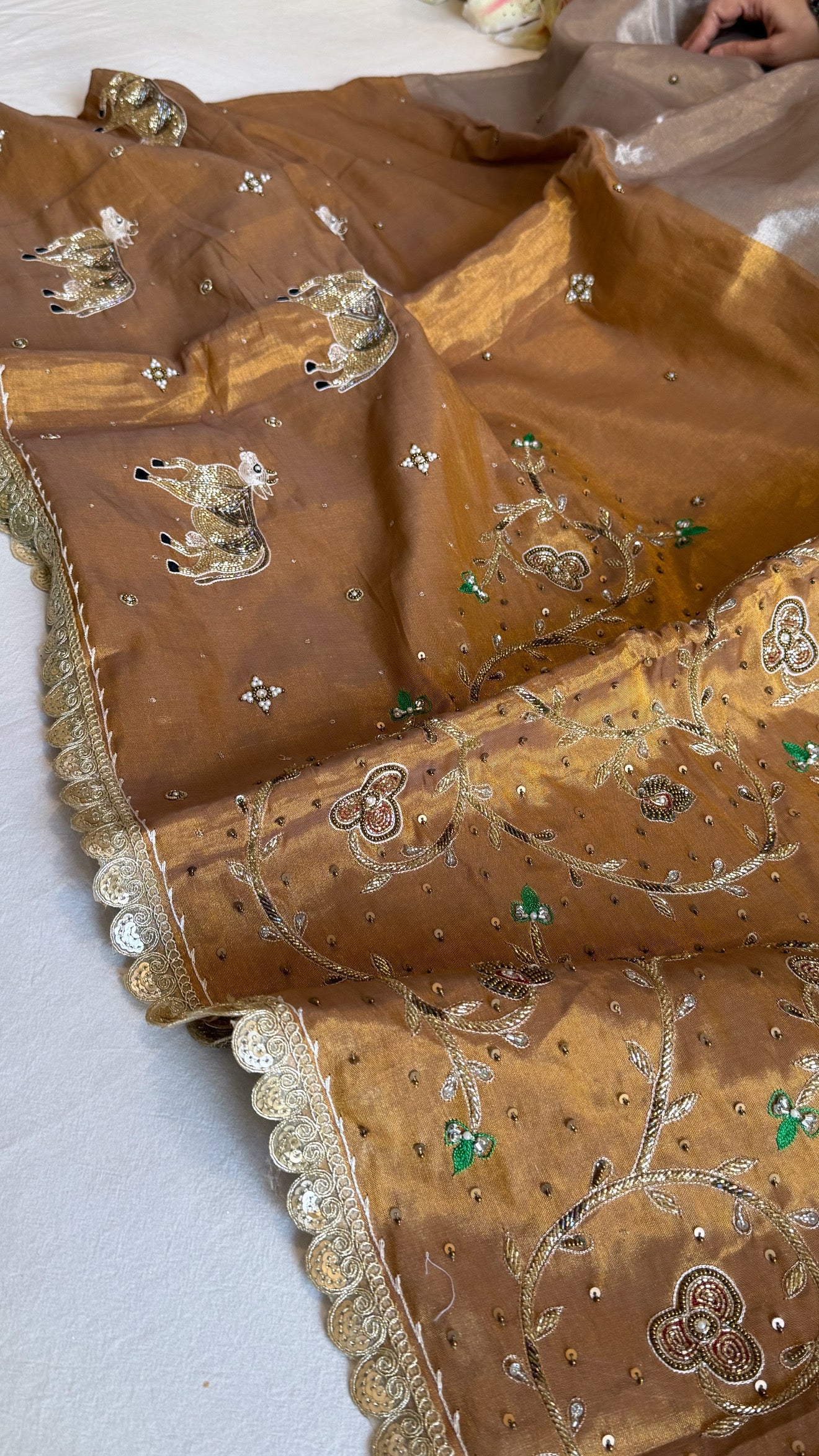 Satin tissue silk molten gold-silver hand embroidered banarasi saree