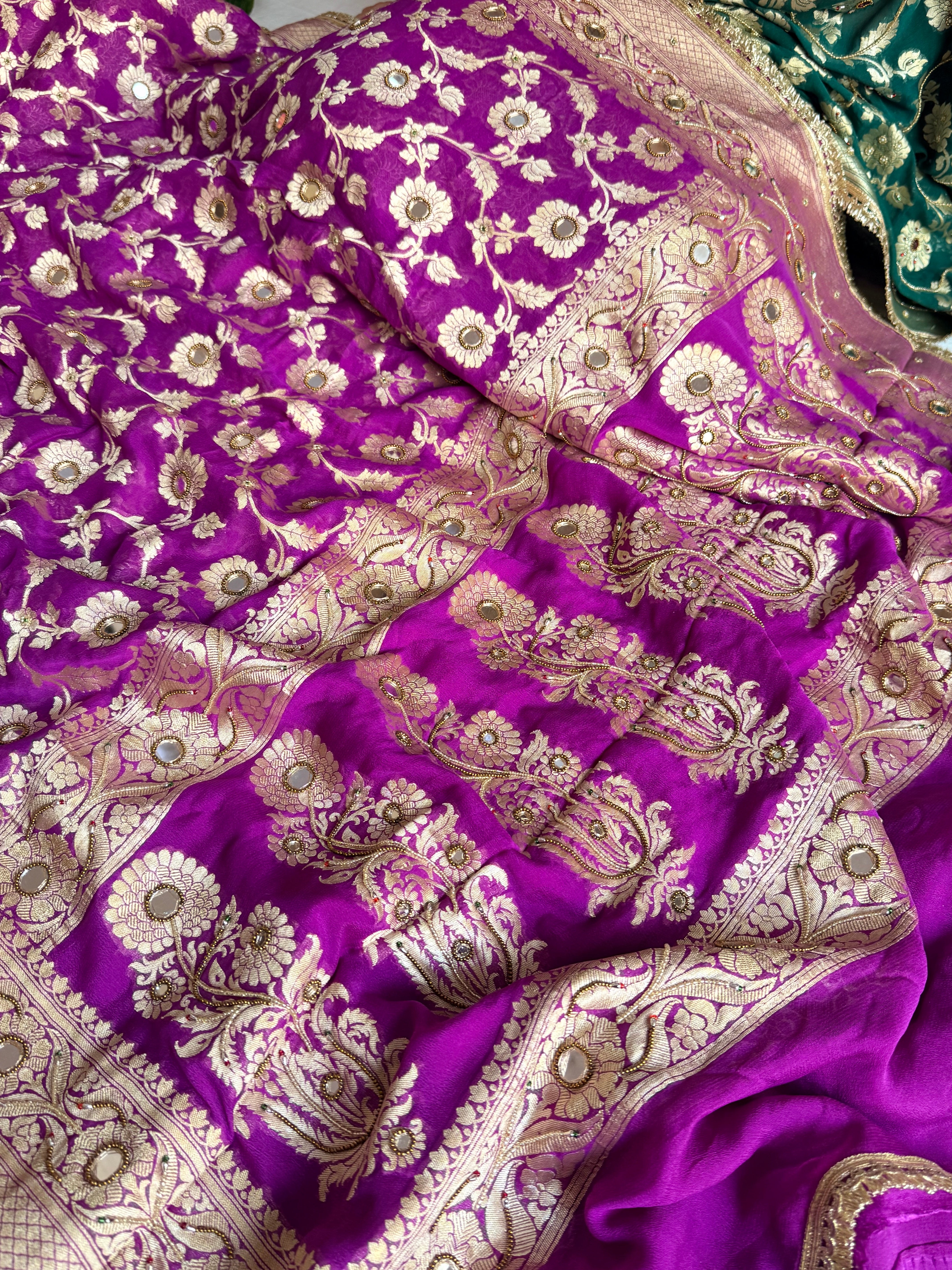 Banarasi chiffon gorgette kadhwa weaving hand embroidered saree