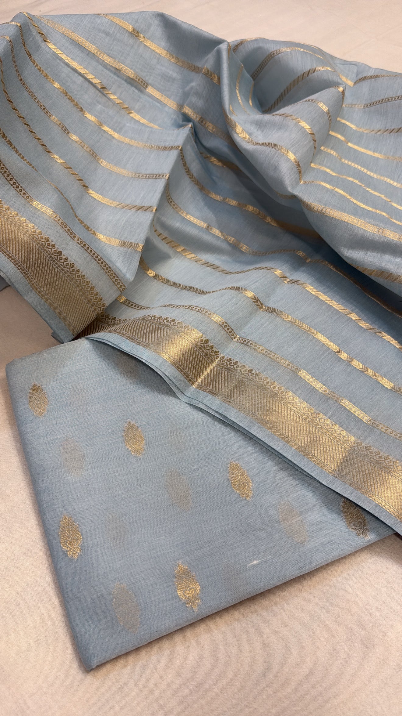 Blush blue mul banarasi cotton kadhwa suit set