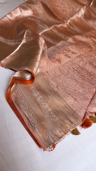 Tangerine orange tissue silk brocade kadhwa saree with crushed pallu