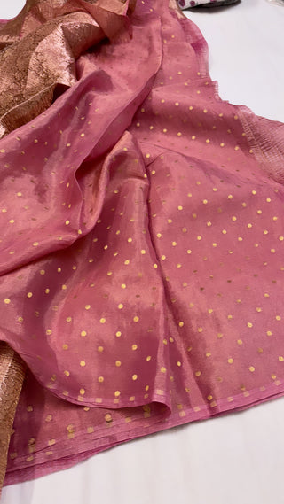 Pure banarasi peachish pink crushed tissue silk handwoven kadhwa saree with intricate border and kadhwa blouse