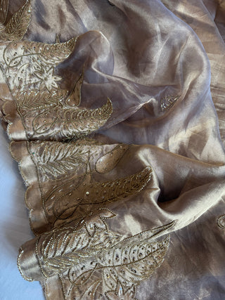 Husn soft grey tissue silk heavy hand embroidered saree