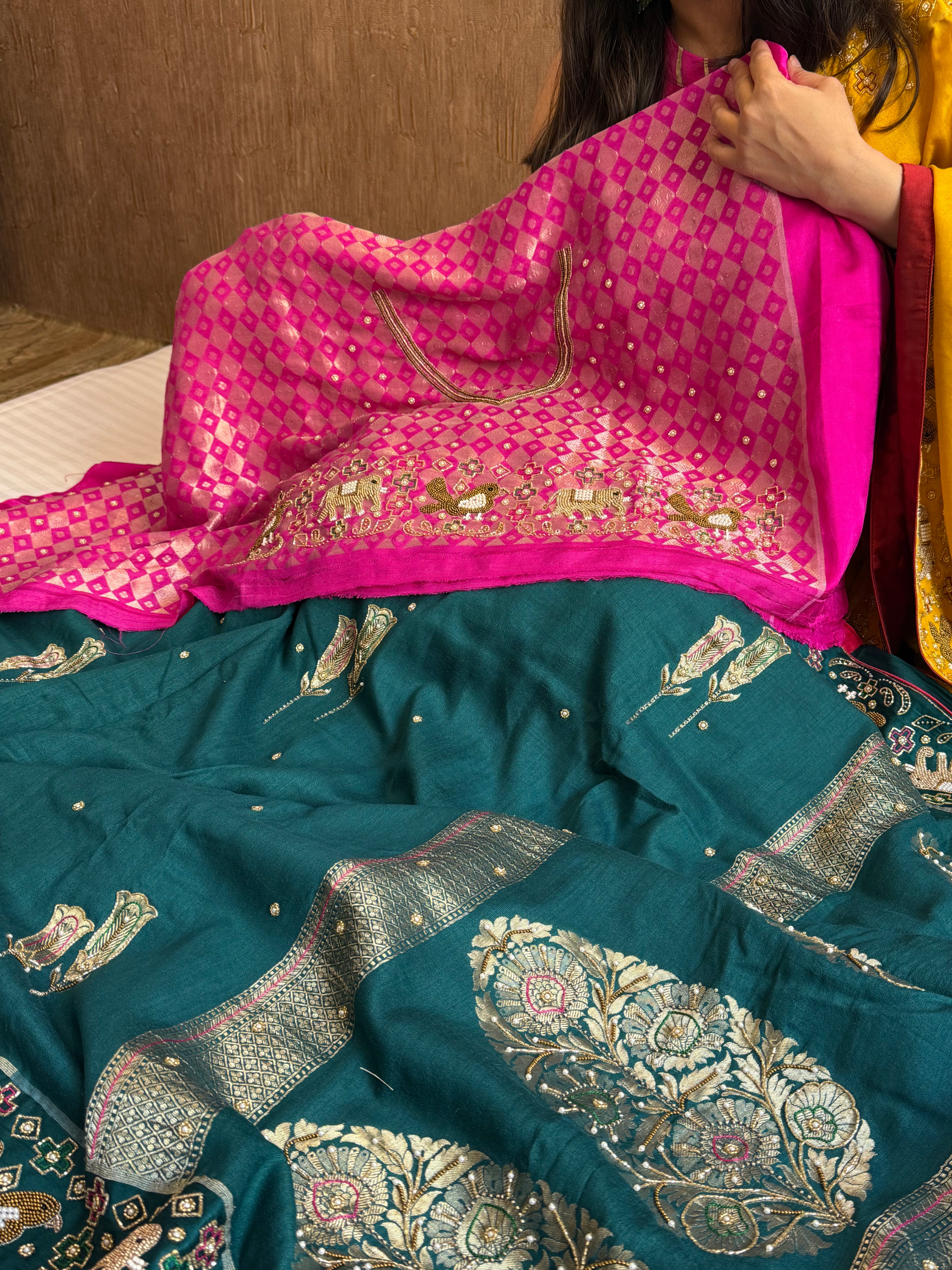 Moonga silk ikkat patola weaving inspired hand embroidered kadhwa saree