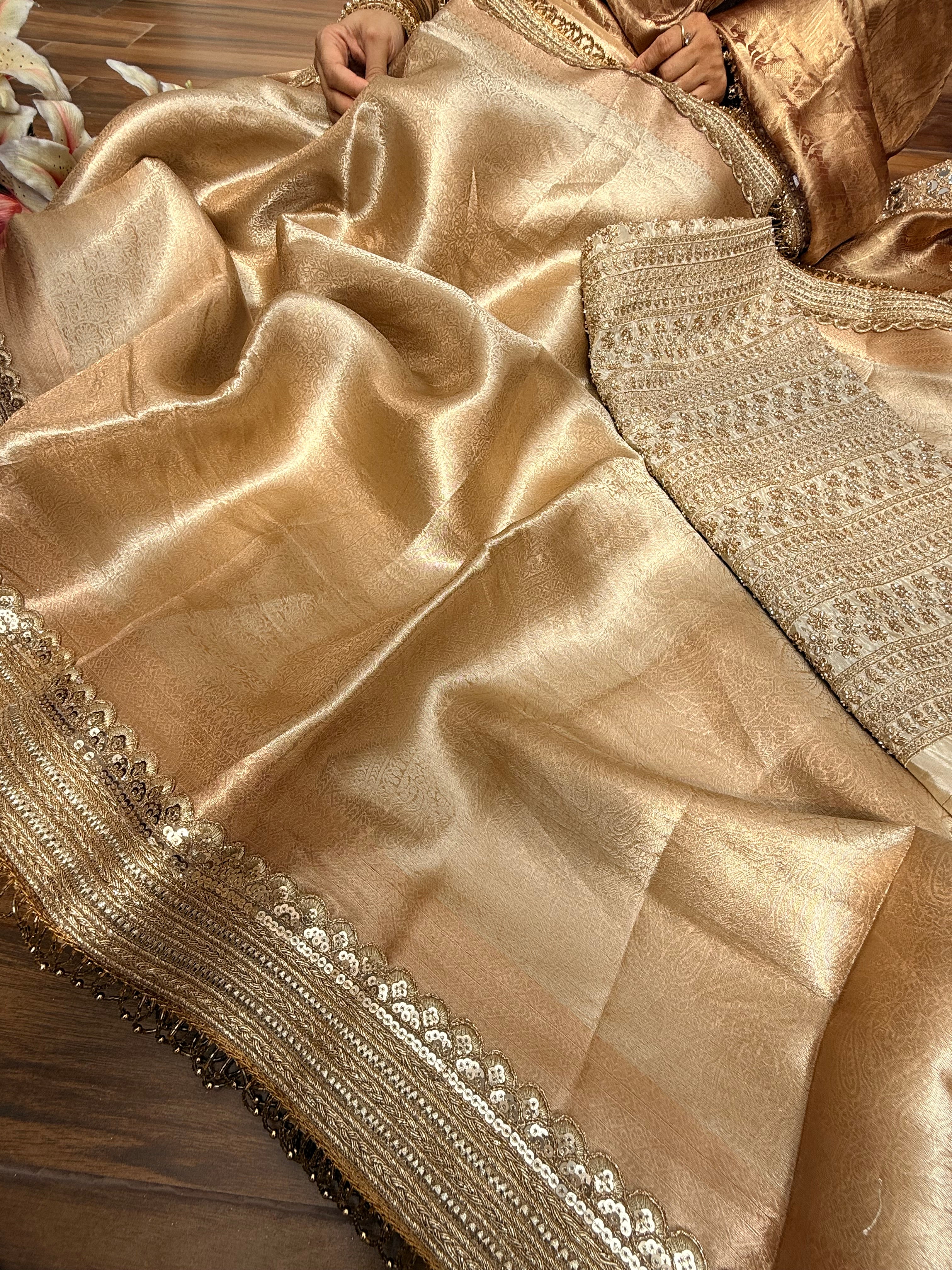 Tyohaar edit - Molten gold sona rupa tissue brocade saree with zardozi blouse