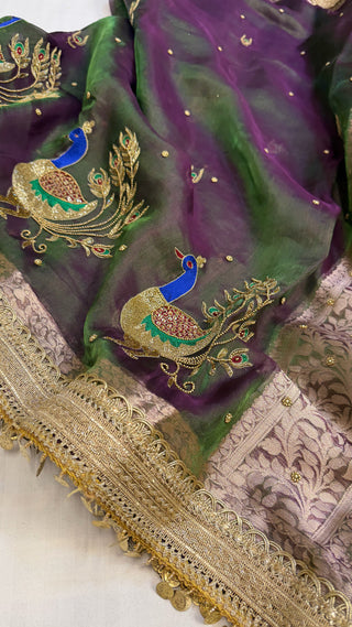 Baarat wali saree - Midnight space purple husn tissue silk meenakari hand embroidered saree