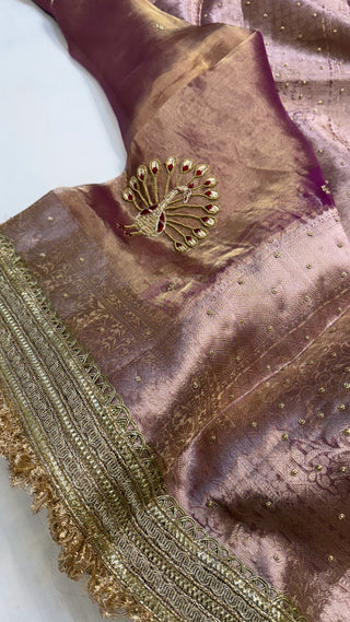 Baarat wali saree - Purple husn tissue silk peacock design hand embroidered saree