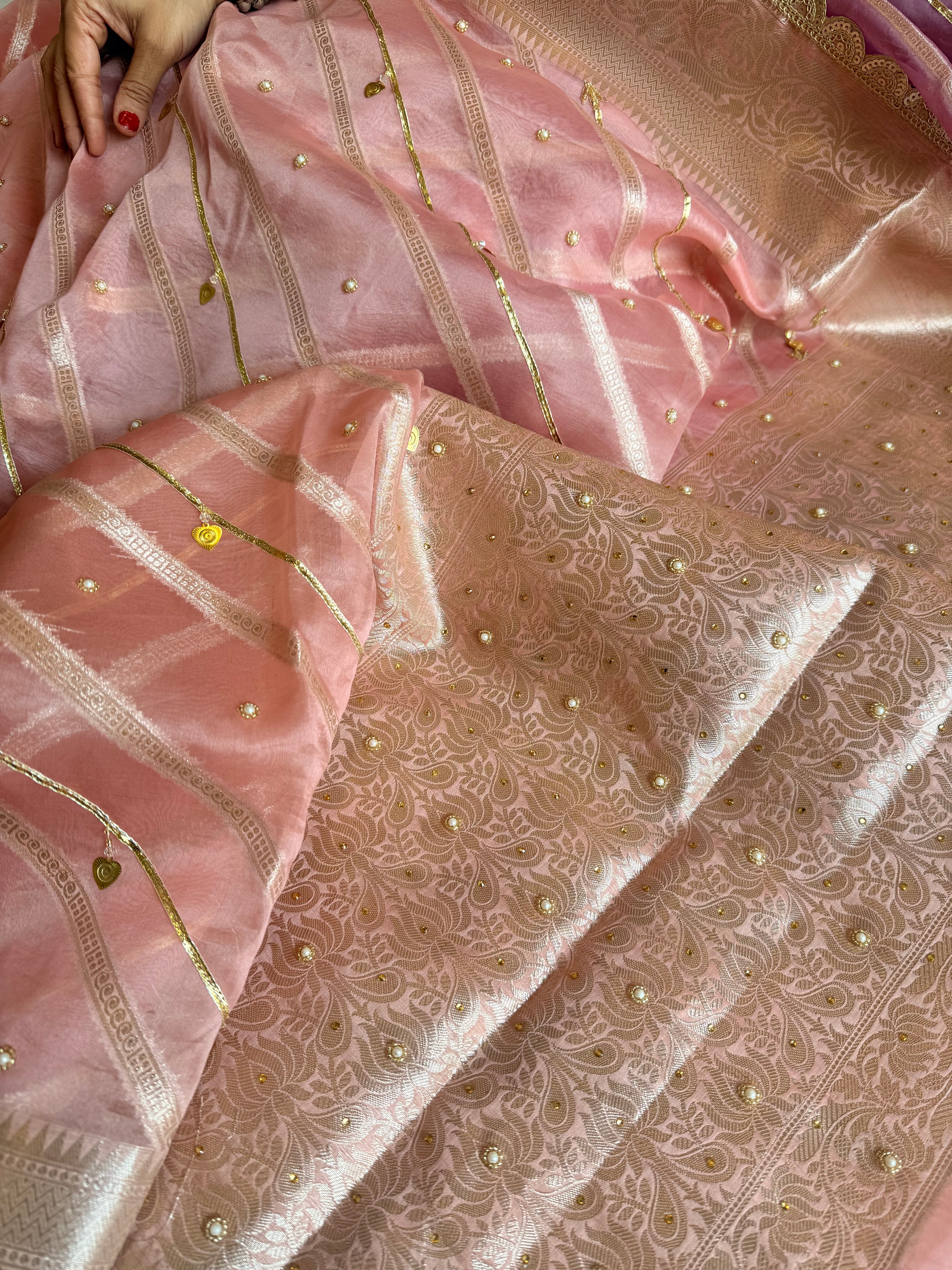 Kora silk kadhwa striped gotapatti work hand embroidered saree